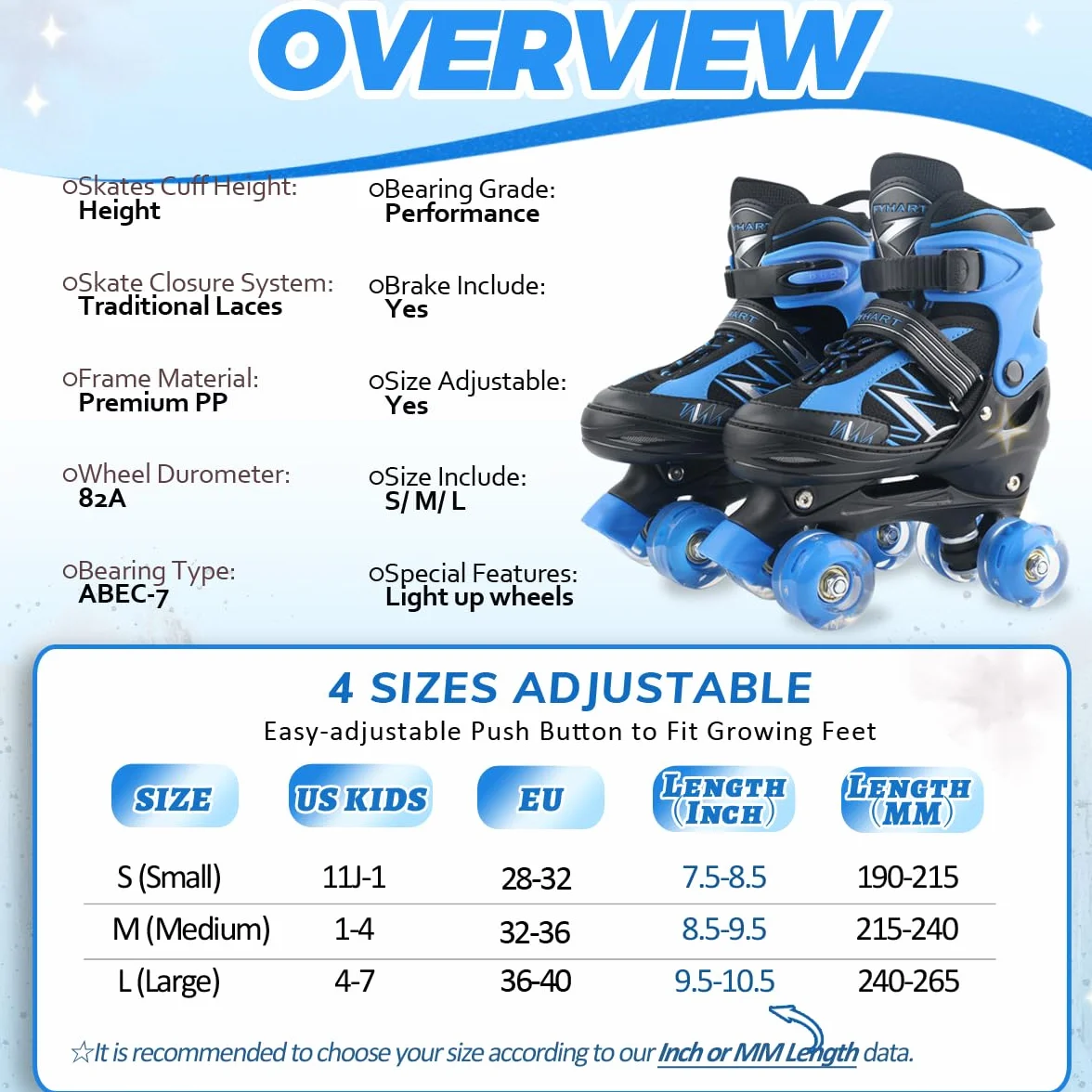 Patins à roulettes pour Enfants Garçons et Filles, 4 Tailles Réglables, Roues Lumineuses, Bleu et Rouge, Quad