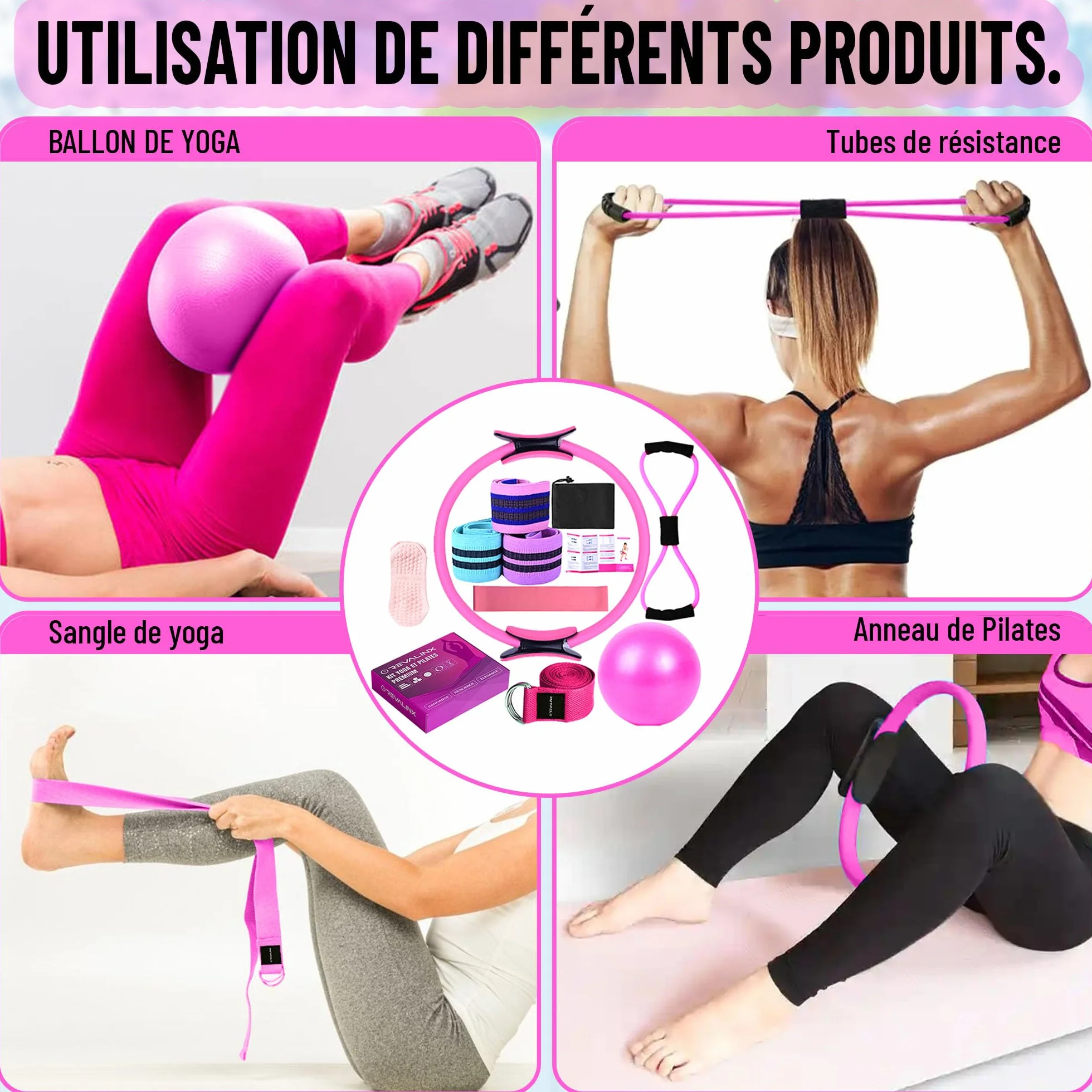 kit Pilates Maison, Ensemble Pilates Yoga Anneau de Pilates, Ballon de Yoga, Bandes de Résistance, Sangle, Chaussettes, Accessoires Pilates Femme, Pilates Reformer pour Sport à la Maison.