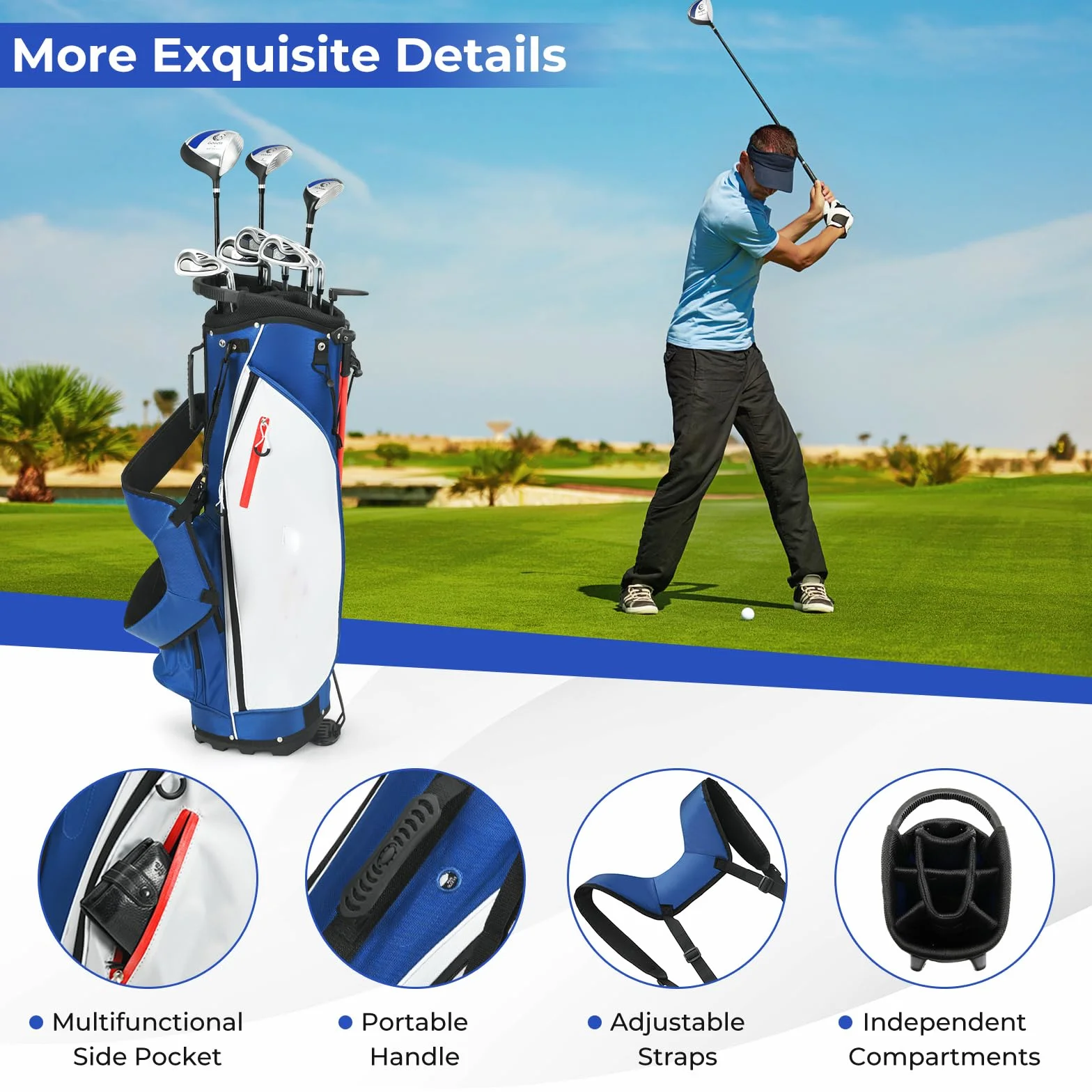 LIFEZEAL Set de Golf Portable, Ensemble Complet Club de Golf Droitier pour Homme, Sac Trépied avec 7 Compartiments, Putter, 3 Bois: Driver #1, Fairway #3, Hybride #4, 5 Fers