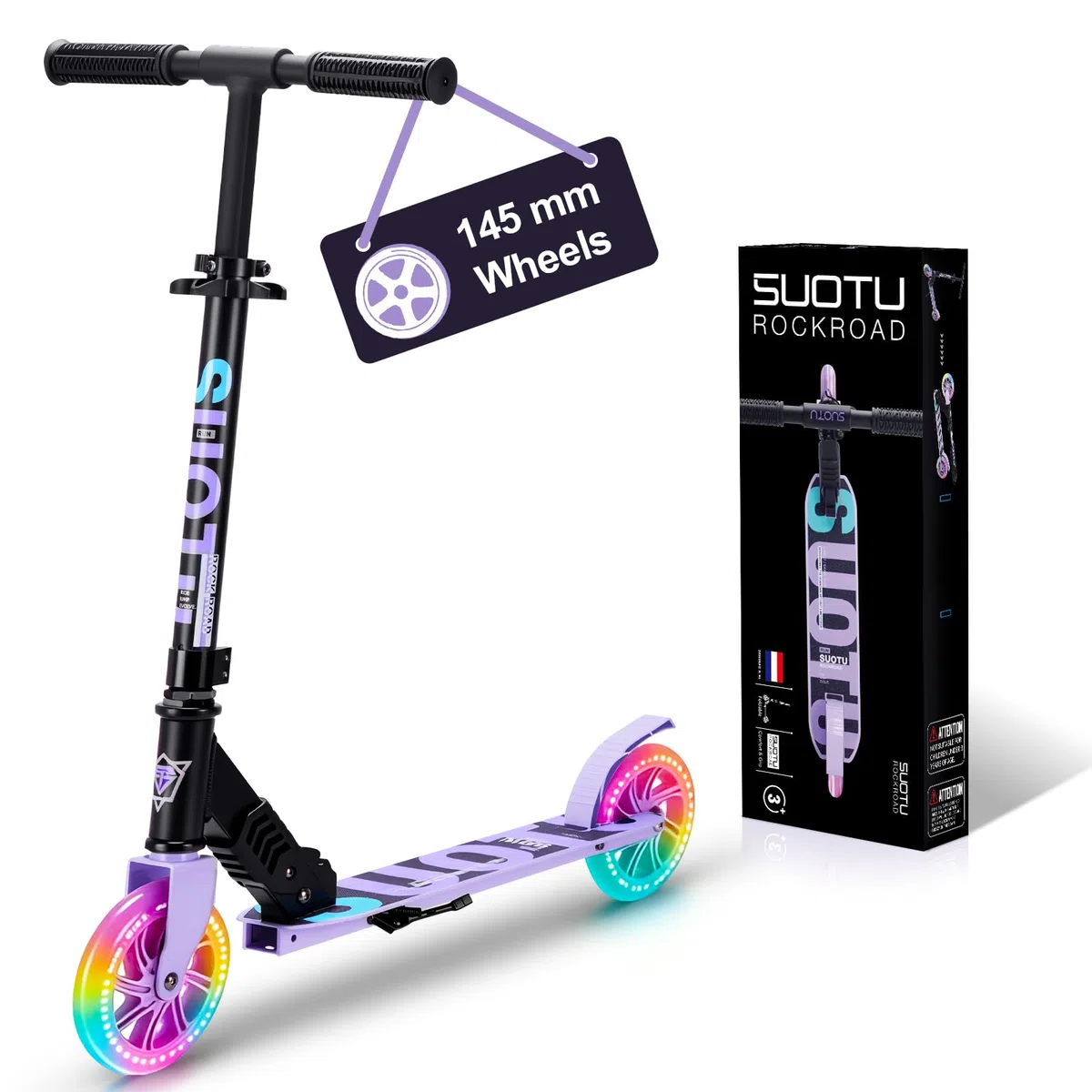Trottinette pour Enfants avec Roue Lumineuse de 145 mm, Charge Max: 100 kg, Pliable, Hauteur Réglable, Scooter pour Garçons et Filles de 3 à 12 Ans, Aluminium