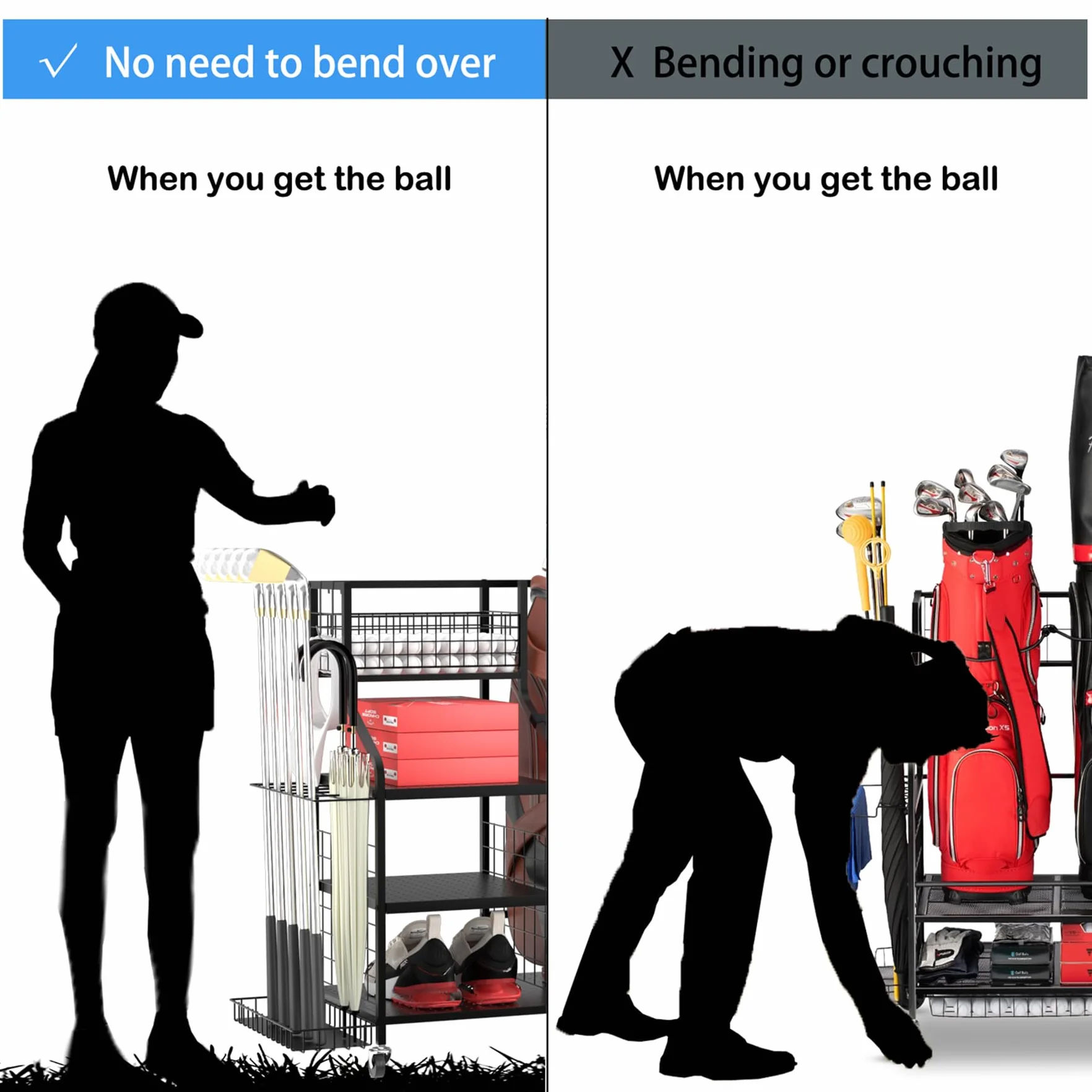 Sac de rangement pour sac de golf, support de rangement pour club de golf, organiseur de sac, pour garage, équipement de sport, convient pour 2 sacs, rangement de jouets d'extérieur (avec poches