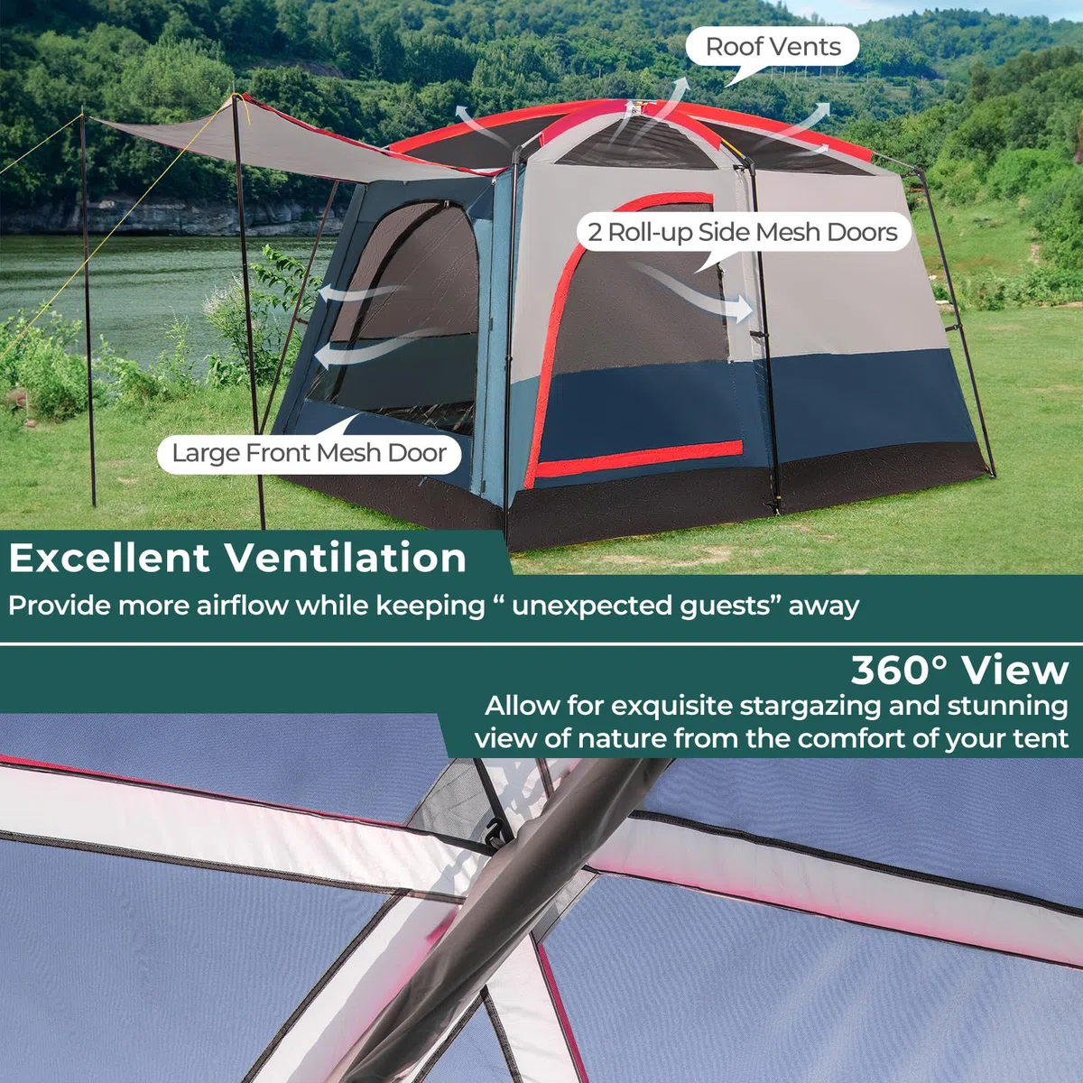 HOMASIS Tente de Camping avec Auvent 4-6 Personnes pour Famille, Tente Tunnel avec 2 Séparateurs de Pièce et 3 Entrées avec Sac de Transport pour randonnée, Facile à Monter