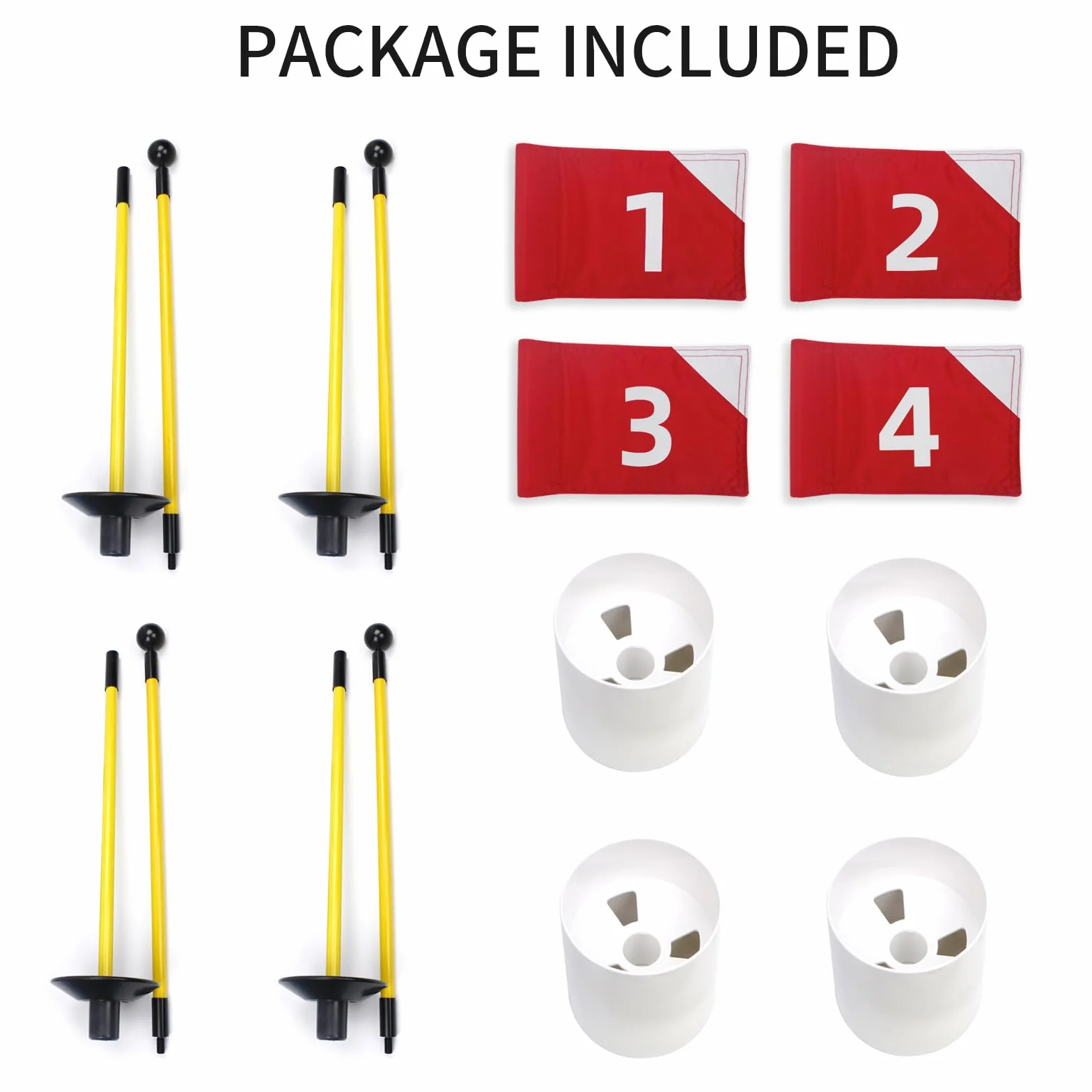 KOFULL Lot de 4 drapeaux de golf avec drapeaux rouges numérotés de 1 à 4, bâton en fibre de verre, ensemble de tasses pour entraînement portable, avec trous verts