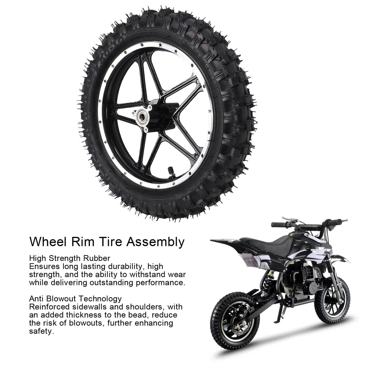 Ausla Jante de Roue de 10 Pouces Assemblage de Pneu, Pneu de Remplacement 2.50 10 Technologie Anti-éclatement pour Mini Pocket Bike Vélo Électrique 49 50ml Dirt *(Traduction D (Devant)