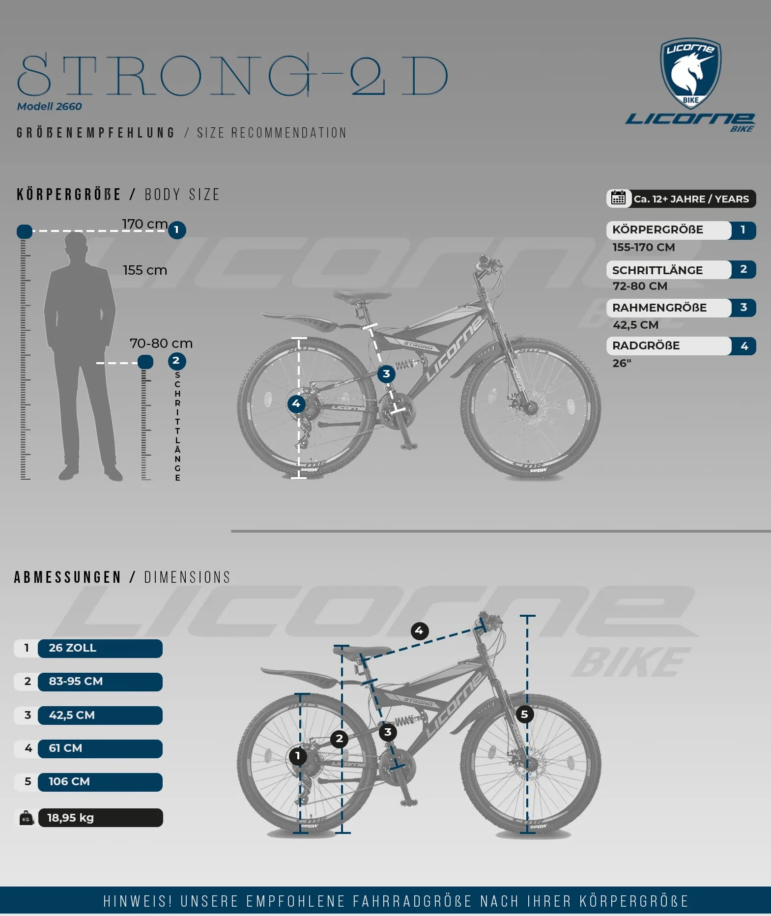 Licorne Bike Strong 2D Premium VTT 26", 27,5" et 29" - Vélo pour garçon, fille, femme et homme - Frein à disque avant et arrière - Dérailleur 21 vitesses - Suspension complète