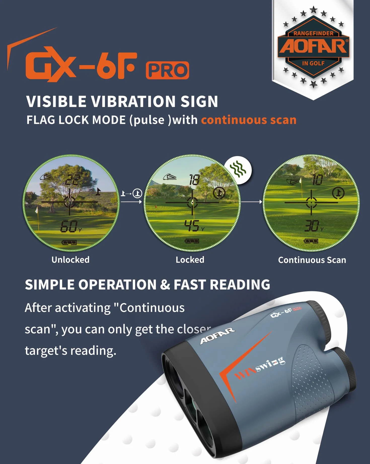 AOFAR GX-6F PRO Télémètre de Golf avec Appareils de Pente Télémètre de Mesure de Distance avec Balayage Continu, Verrouillage du Drapeau avec Vibration D'impulsion, Légal pour la Compétition, 600Yards