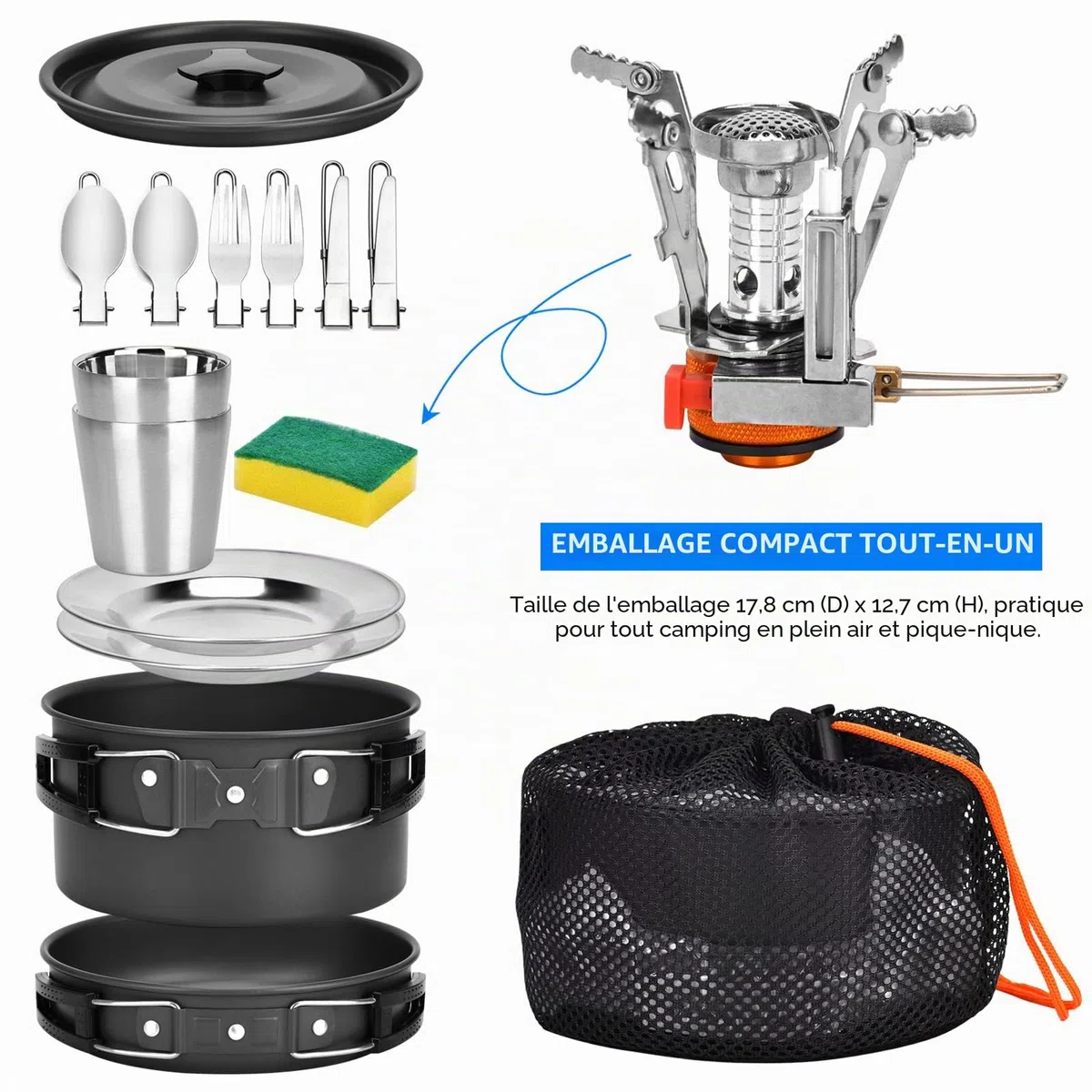 Queta Kit d'ustensiles de Cuisine de Camping, 17 pièces, kit d'ustensiles de Cuisine, Casserole de Pique - Nique pour 2-3 Personnes, Camping, extérieur, randonnée, Pique