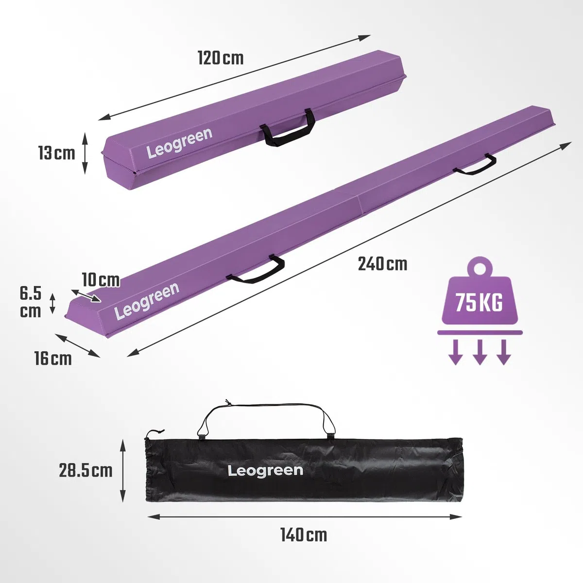 Leogreen Poutre Gymnastique Pliable 240/270cm Cuir de PU Poutre d'équilibre Equipement d'entraînement de Gymnastique avec Fond Antidérapant pour Enfants, Débutants et Gymnastes Professionnels