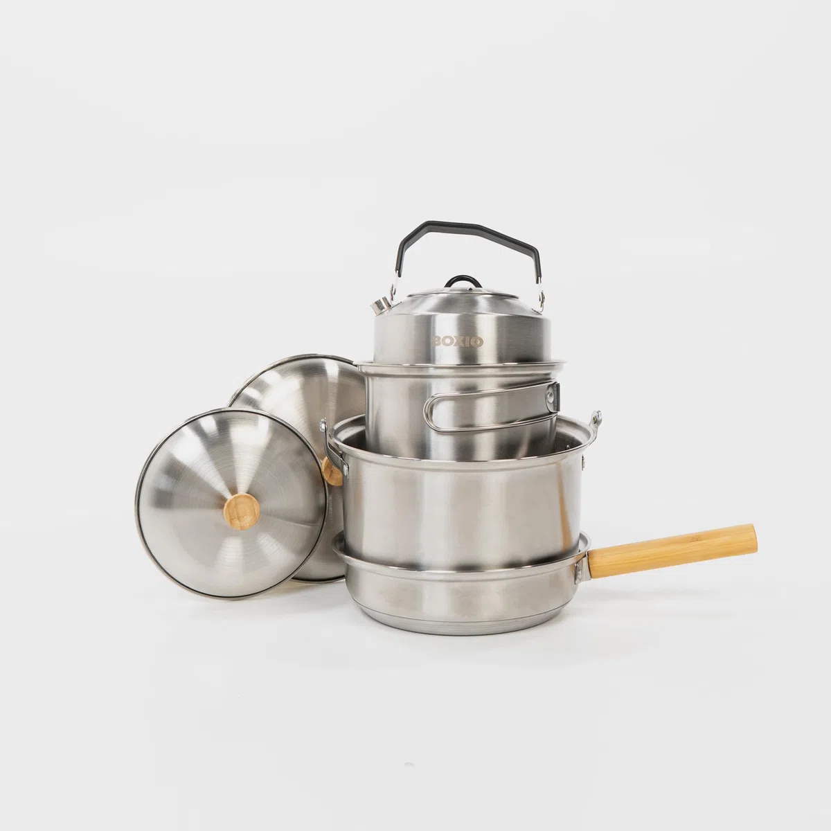 BOXIO - Cookware : poêle de camping et casseroles en acier inoxydable Vaisselle de camping avec poêle, bouilloire et casseroles idéales pour la cuisine de camping, le réchaud à gaz ou le réchaud de