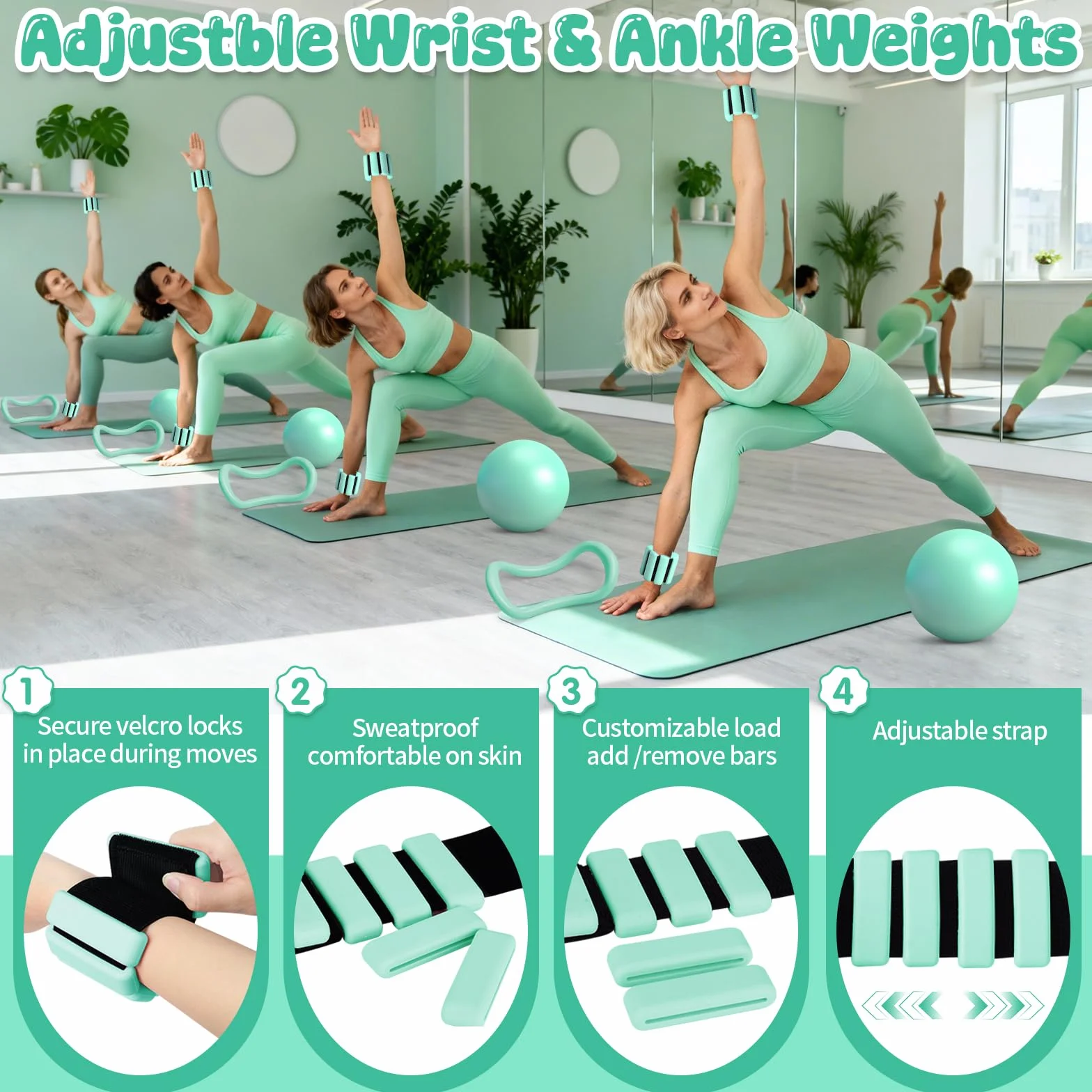 Kit Pilates Maison Complet, Anneau de Pilate 14 Pouces, Ballon Pilate, Poids Poignet et Poids Cheville réglables, Bande Élastique Musculation pour Jambe et Traction, Accessoires pour Femme