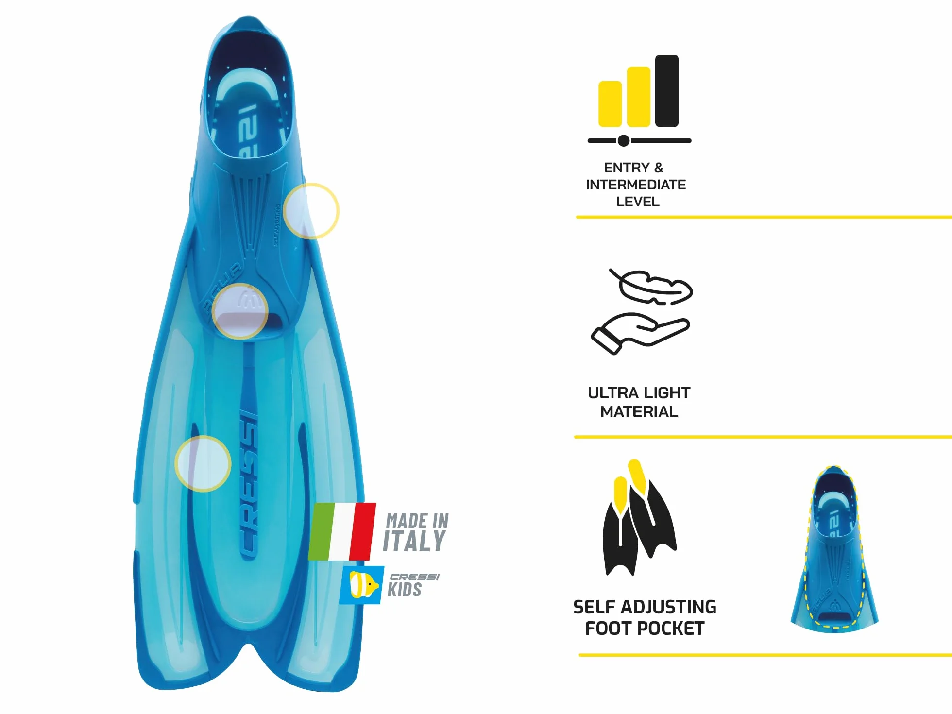 CRESSI Agua Fins - Palmes Chaussantes de Snorkeling, Unisexe Adultes et Enfants