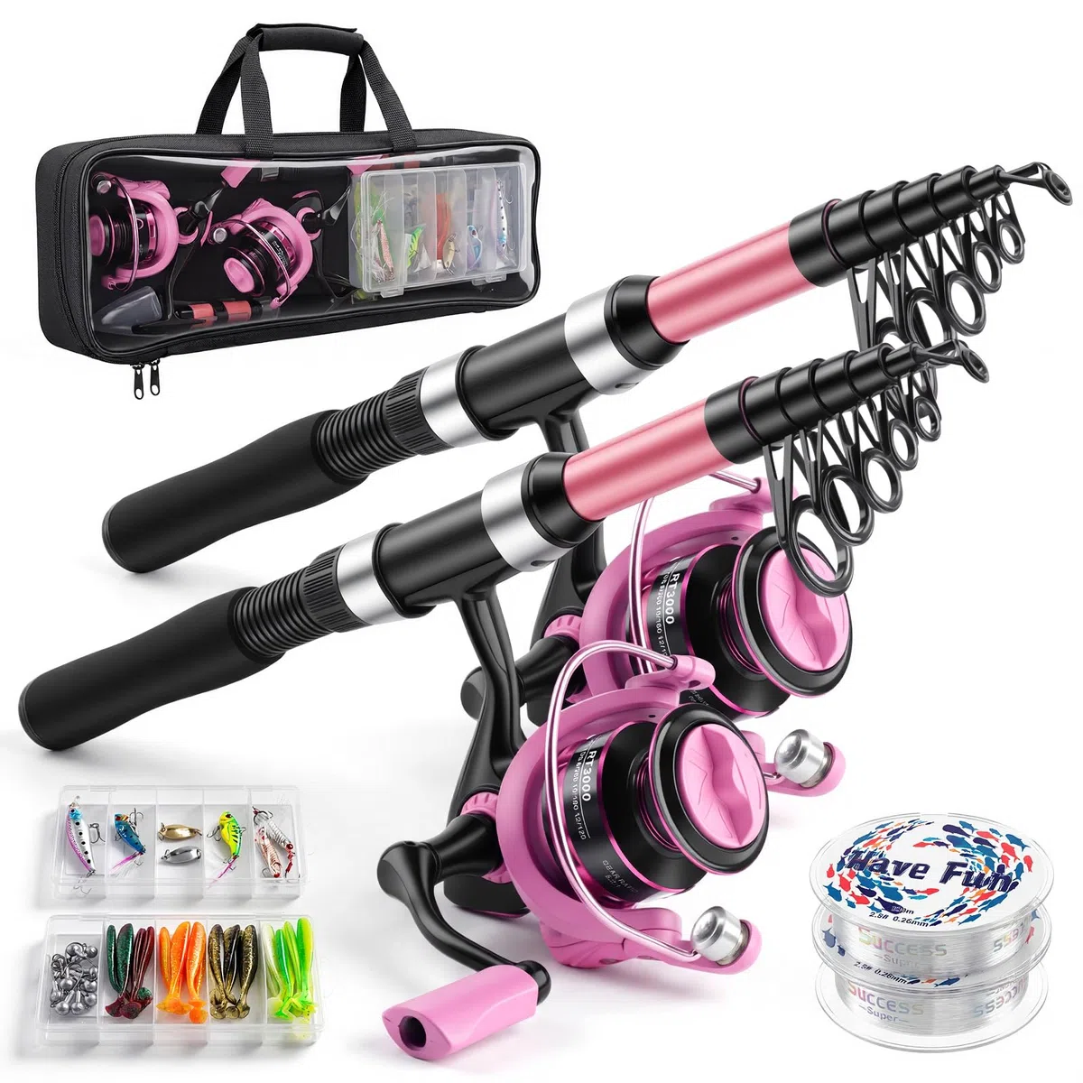 Lot de 2 cannes à pêche télescopiques de 2,1 m avec sac de transport, canne à lancer, 2 fils, appâts et proie, convient pour les débutants, cadeau de pêche pour hommes et femmes, eau salée et eau