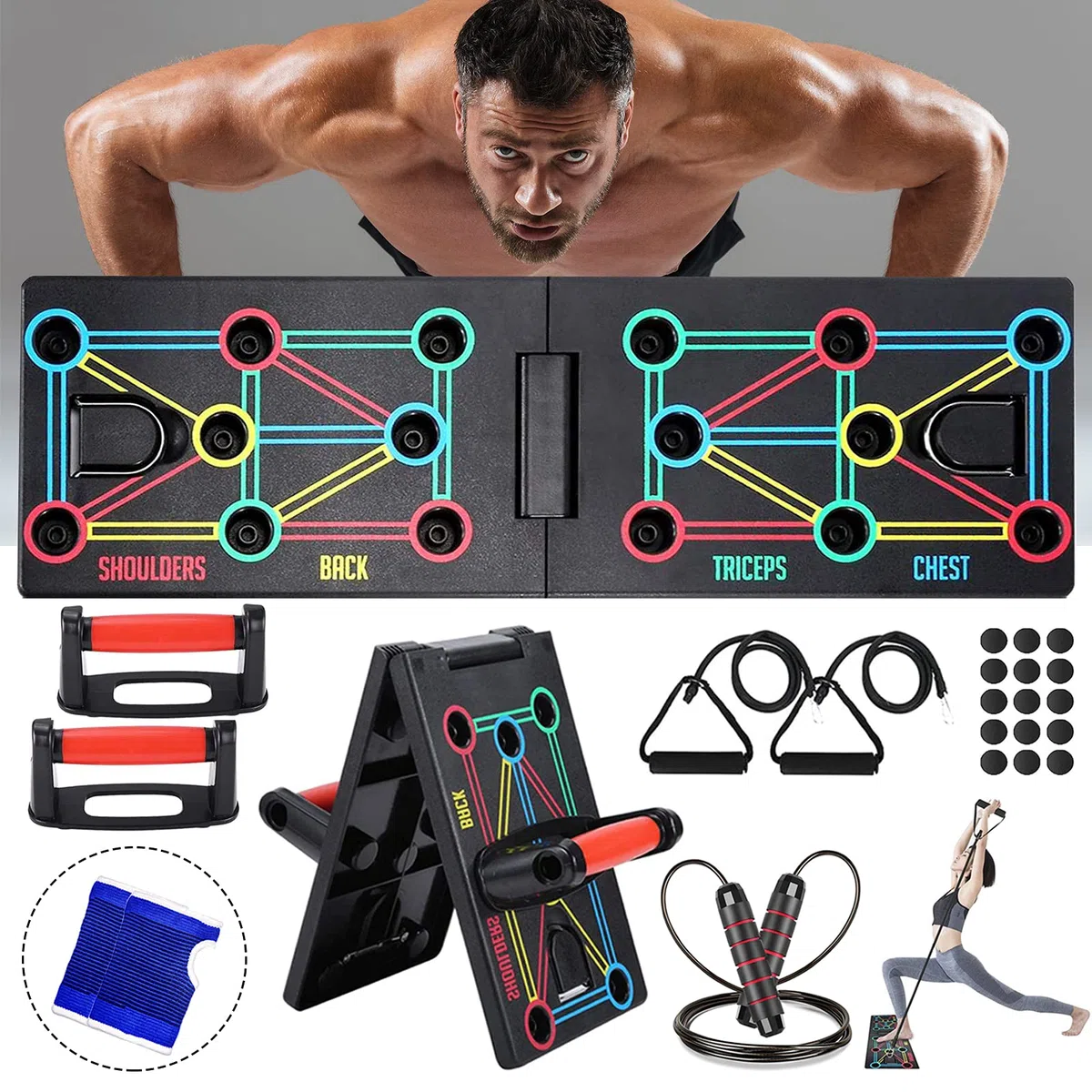 Push Up Rack Board Portable Multifonctionnelle Pliante 12 en 1, Planche Push up avec Gants de Protection et Coussinets en Silicone Antidérapants, Unisexe Appareil Musculation