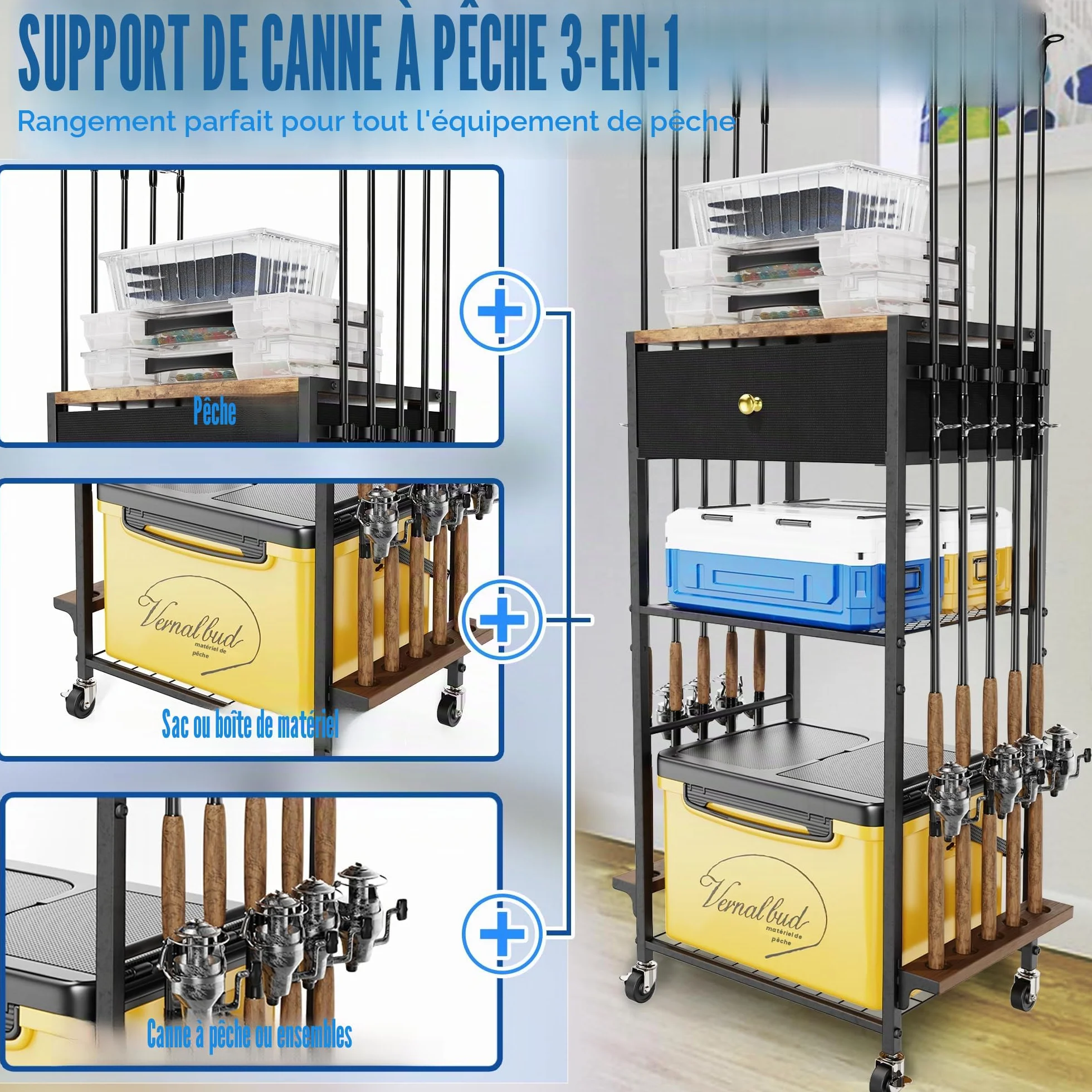 Support de canne à pêche pour garage, rotatif 360°, chariot de rangement pour matériel de pêche, cadeau homme/femme