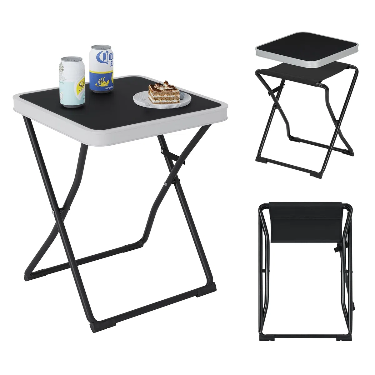eSituro Table Pliante 2 en 1 d'Appoint avec Plateau Amovible, Tabouret Portable pour Camping Extérieur, 40,5x40,5x50cm, Noir