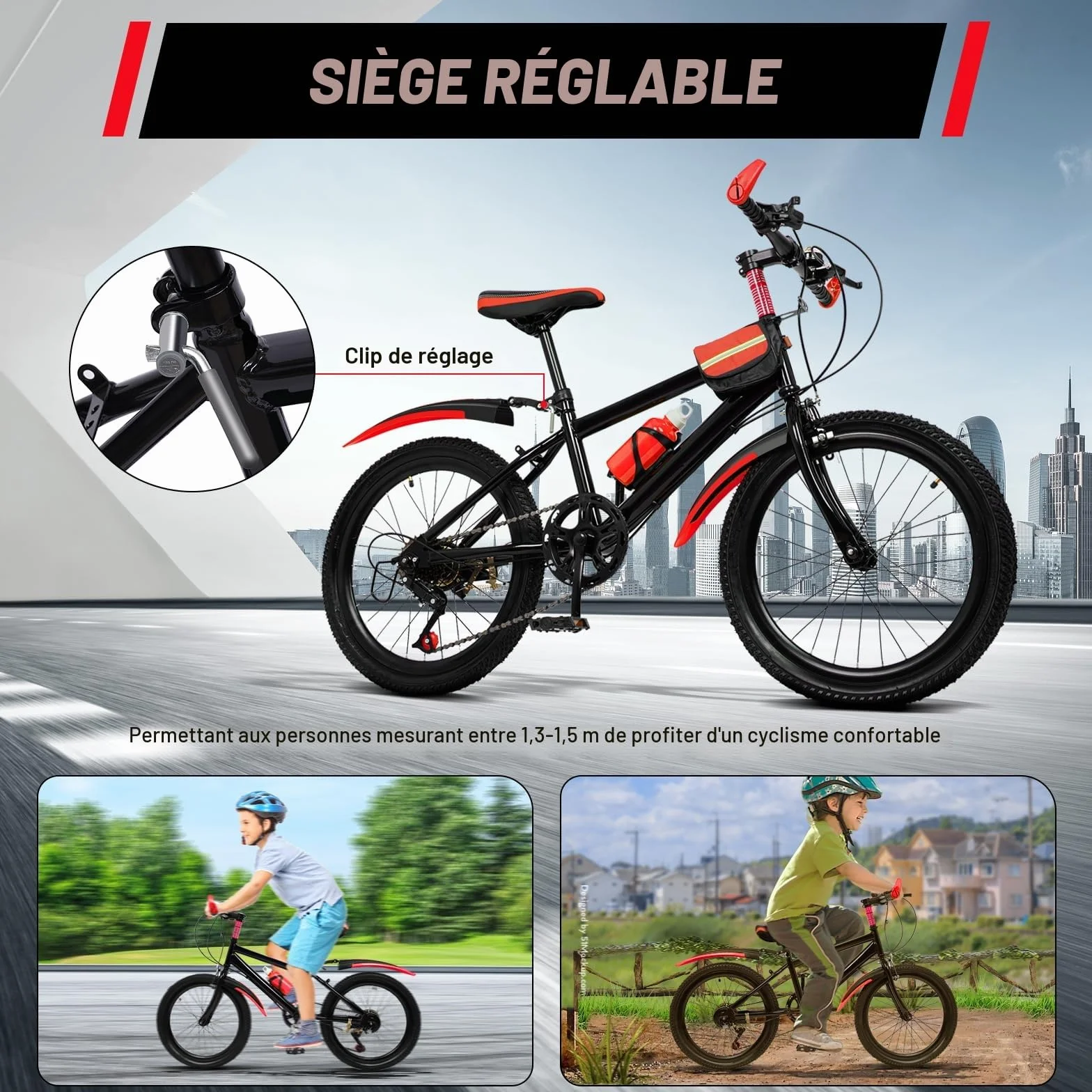 VTT 20" à 7 vitesses moderne, pour garçons et filles de 8 à 13 ans, VTT avec 4 gardes, support, cloche de boussole, sac de rangement pour bouteille d’eau, capacité de charge 85 kg, cadre