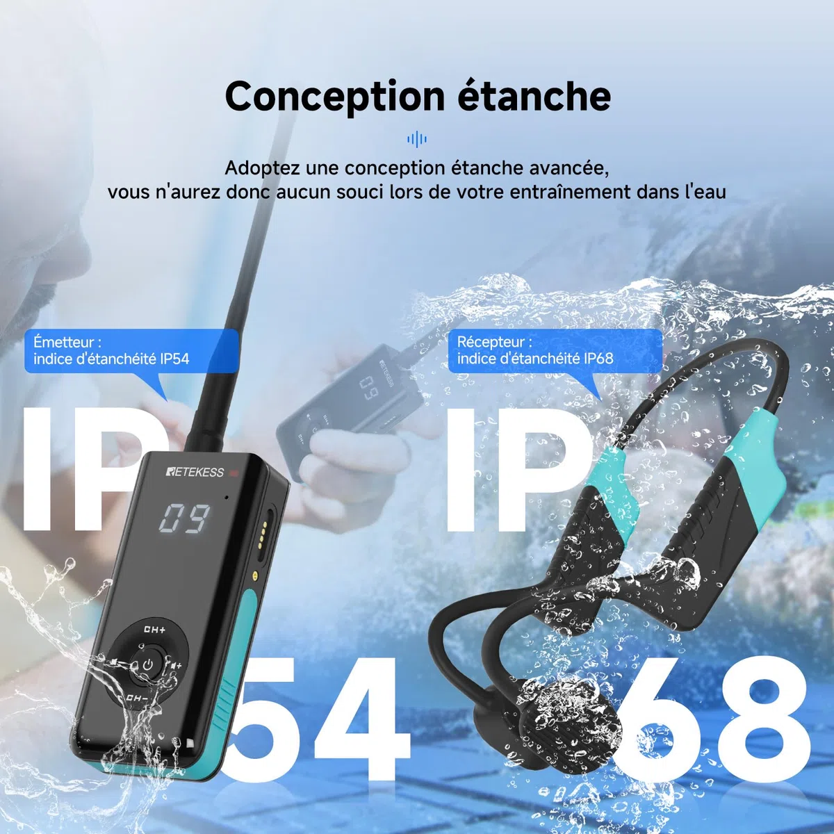 Retekess TT120 Communicateur Sous-Marin, Casque de Natation à Conduction Osseuse, Etanche IP68,120 M,Système de Communication pour L'entraînement,Club de Natation,Le Coaching (1 Émetteur 2 Récepteurs)
