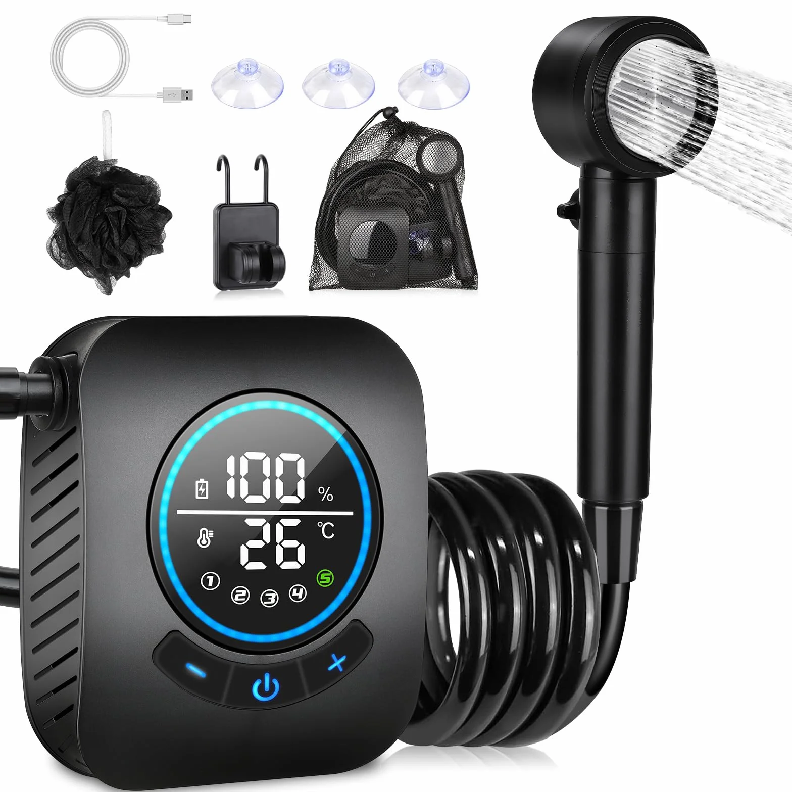 Spopal Douche Camping,Douche Portable,Kit Douche de Camping,Pompe de Douche Électrique Rechargeable,avec Afficheur Intelligent et Pomme de Douche 4 Modes pour Extérieure,Camping,Animaux