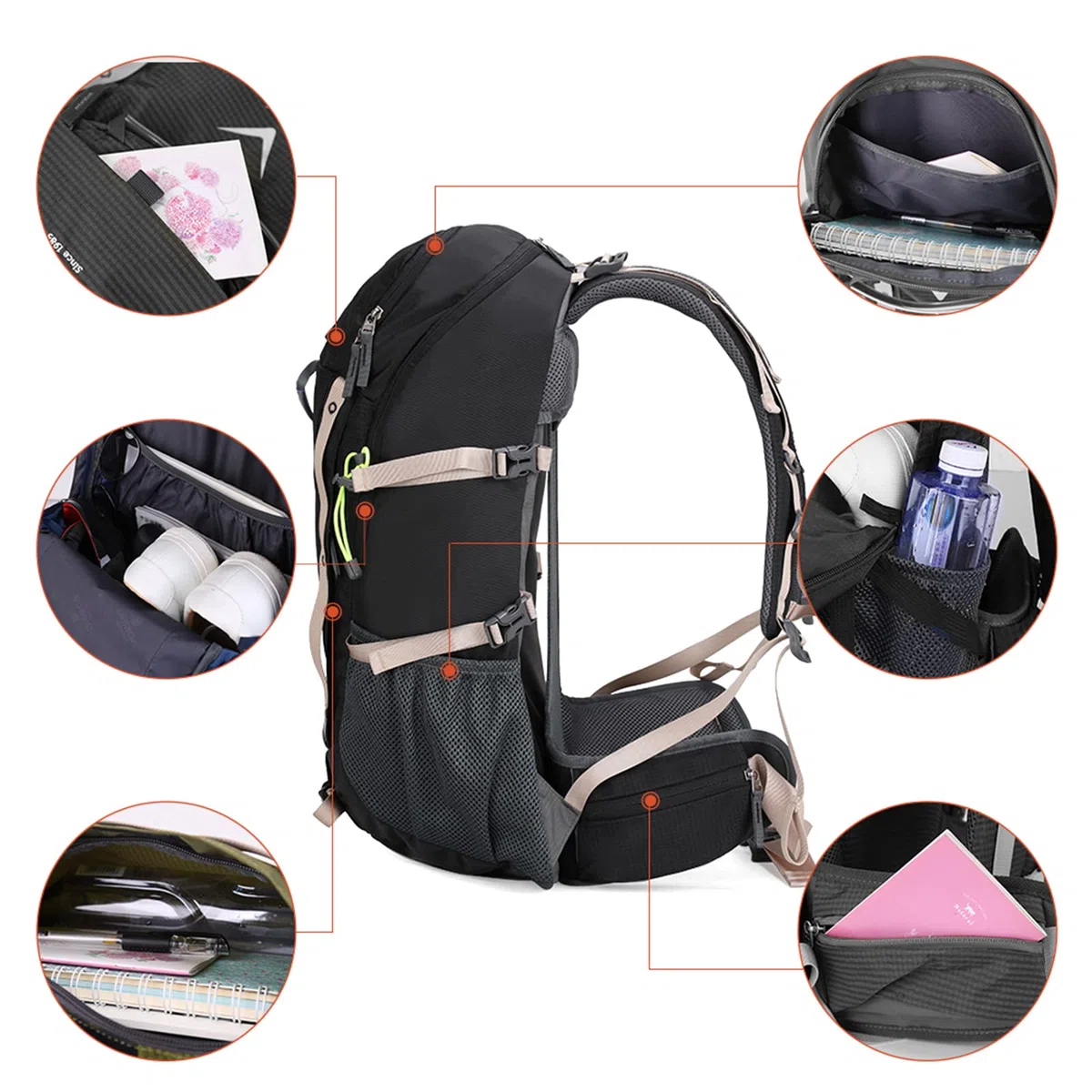Aoking Sac à dos pour la randonnée/escalade,éléments standards :panneau en maille amovible,imperméable,sifflet SOS,housse de pluie,options :poche à eau 2 litres,sacs de couchage