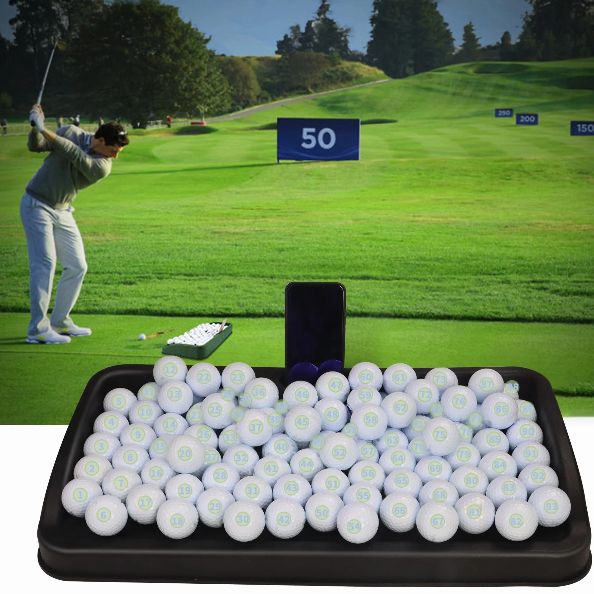 Plateau de balle de golf en caoutchouc robuste – avec support pour téléphone portable – Capacité de 100 balles – Plateau à haut impact compatible avec tous les tapis de frappe