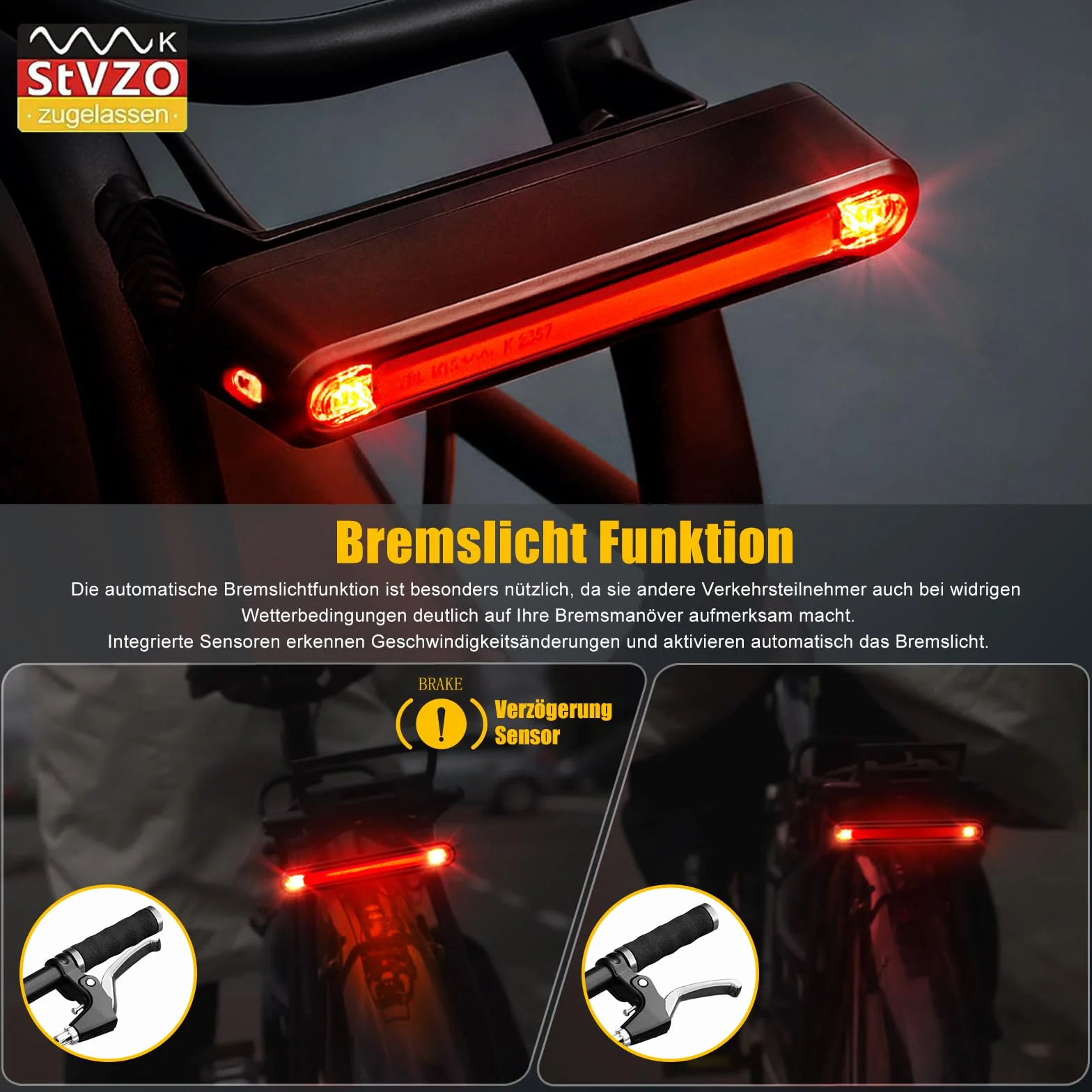 Ebike Feu arrière LED 6-12 V avec feu de freinage, homologué StVZO pour vélo électrique, étanche IPX5, avec câble, sûr et fiable