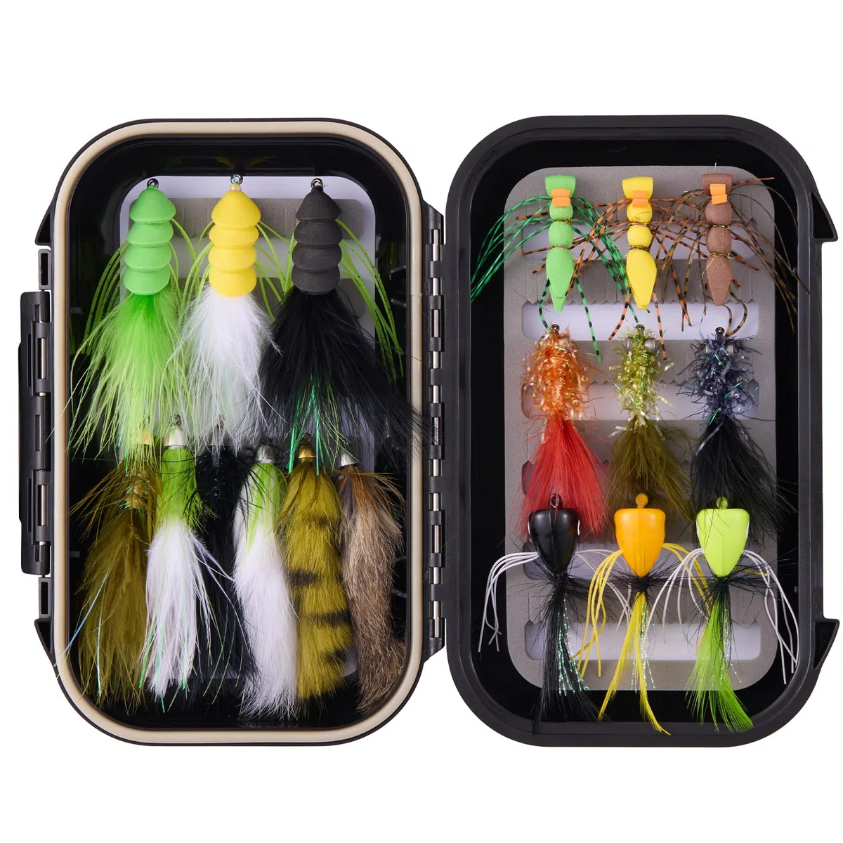 BASSDASH Lot de 18 mouches pour pêche à la mouche - Tailles 1/0, 4, 6 - Boîte étanche