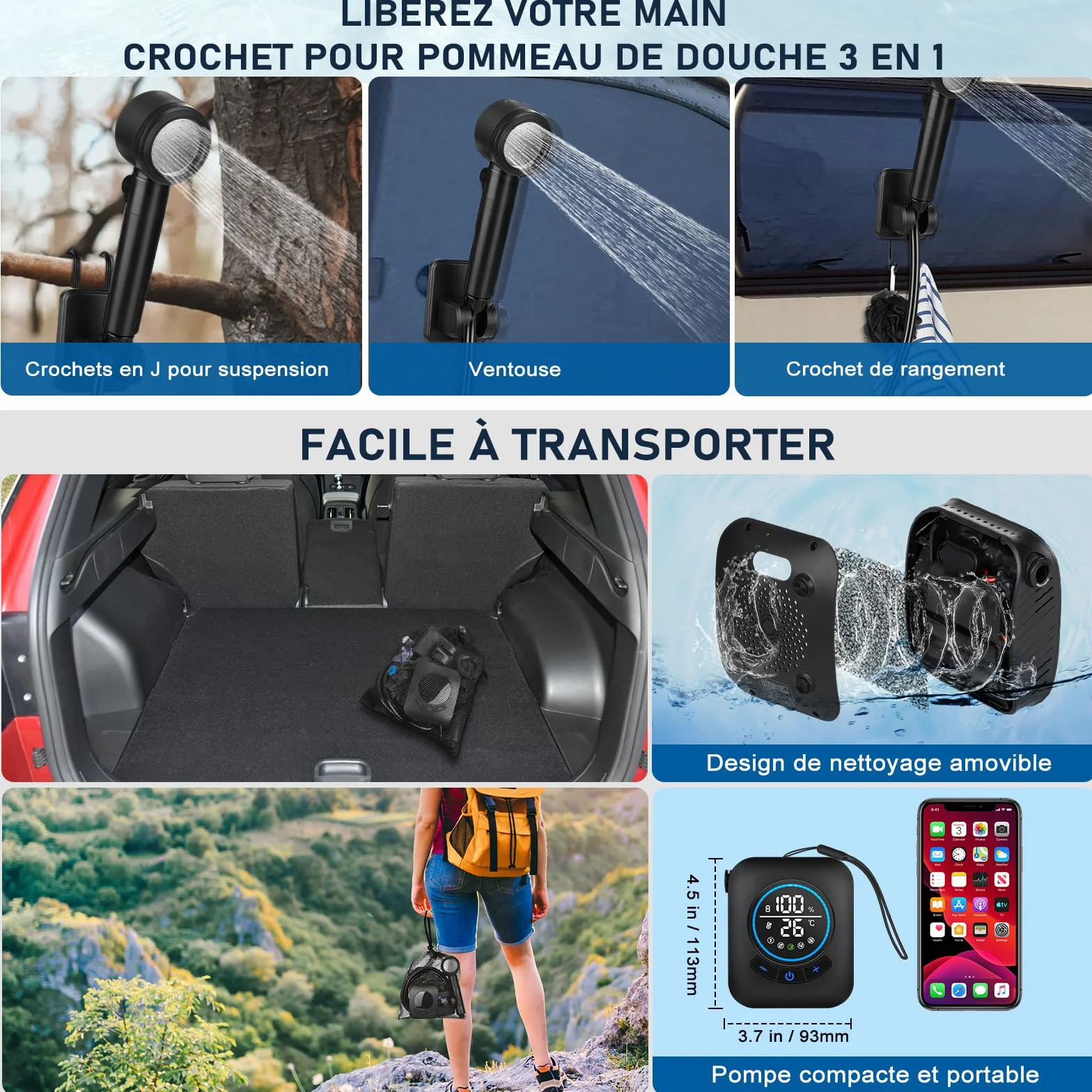 Spopal Douche Camping,Douche Portable,Kit Douche de Camping,Pompe de Douche Électrique Rechargeable,avec Afficheur Intelligent et Pomme de Douche 4 Modes pour Extérieure,Camping,Animaux