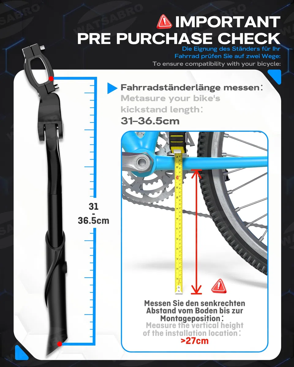 WATSABRO Béquille de vélo de 24 à 29 Pouces, réglable en Hauteur, Pieds en Caoutchouc antidérapants à Points, Charge maximale 35 kg, Convient pour vélos de Ville, VTT