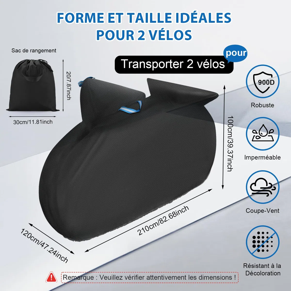 Housse de Vélo pour Transport 2 Vélos - Wemjaly Revêtement PU 900D Bache Velo Exterieur, Imperméable et Robuste, avec Cordon élastique de 6M, Housse Velo Compatible avec les Porte-Vélos de Voiture