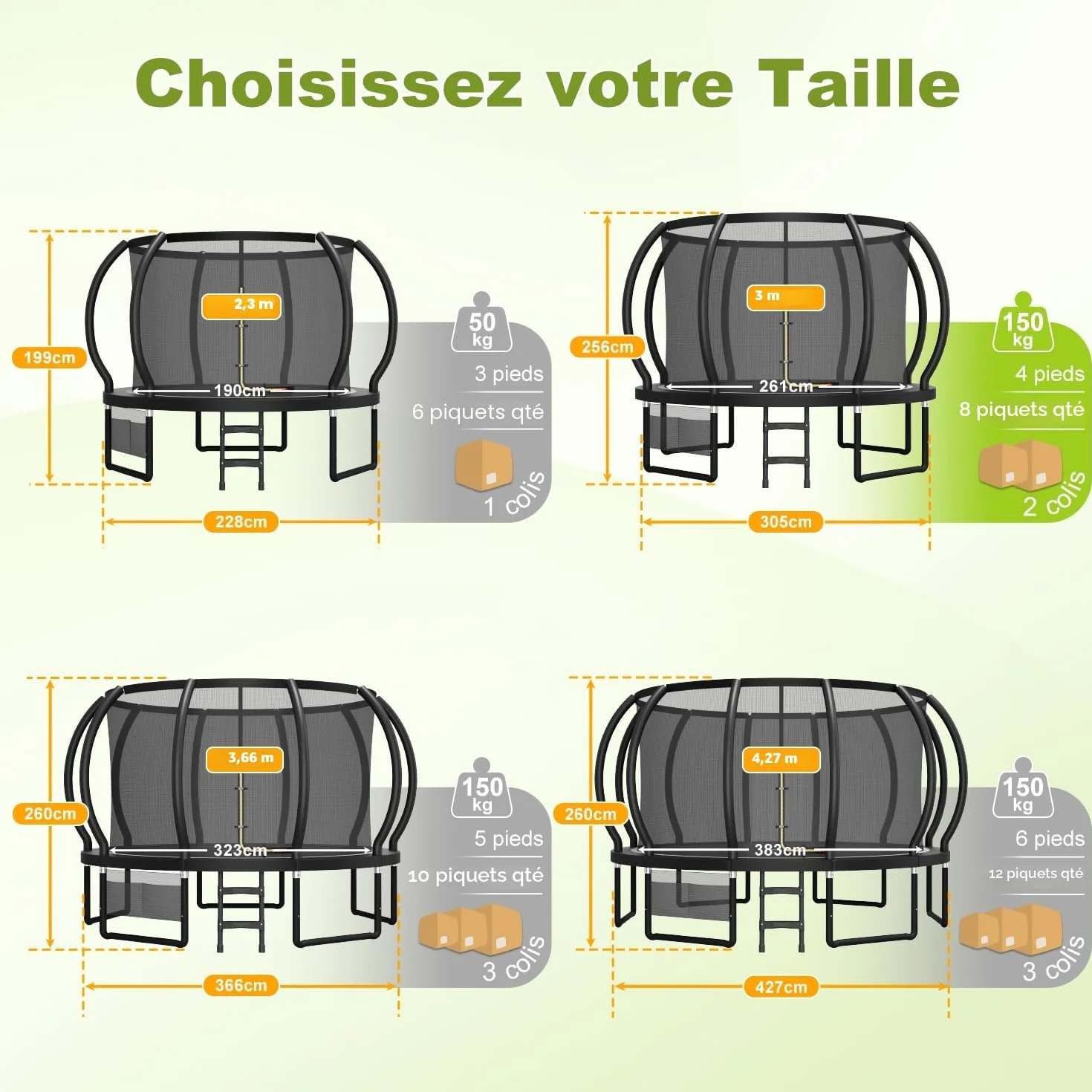 Devoko Trampoline Extérieur Ø 228/305/366/427 cm, pour Enfants, avec Filet de Sécurité, GS Certification, Couverture de Protection, Design Citrouille, Capacité de Charge 150 kg