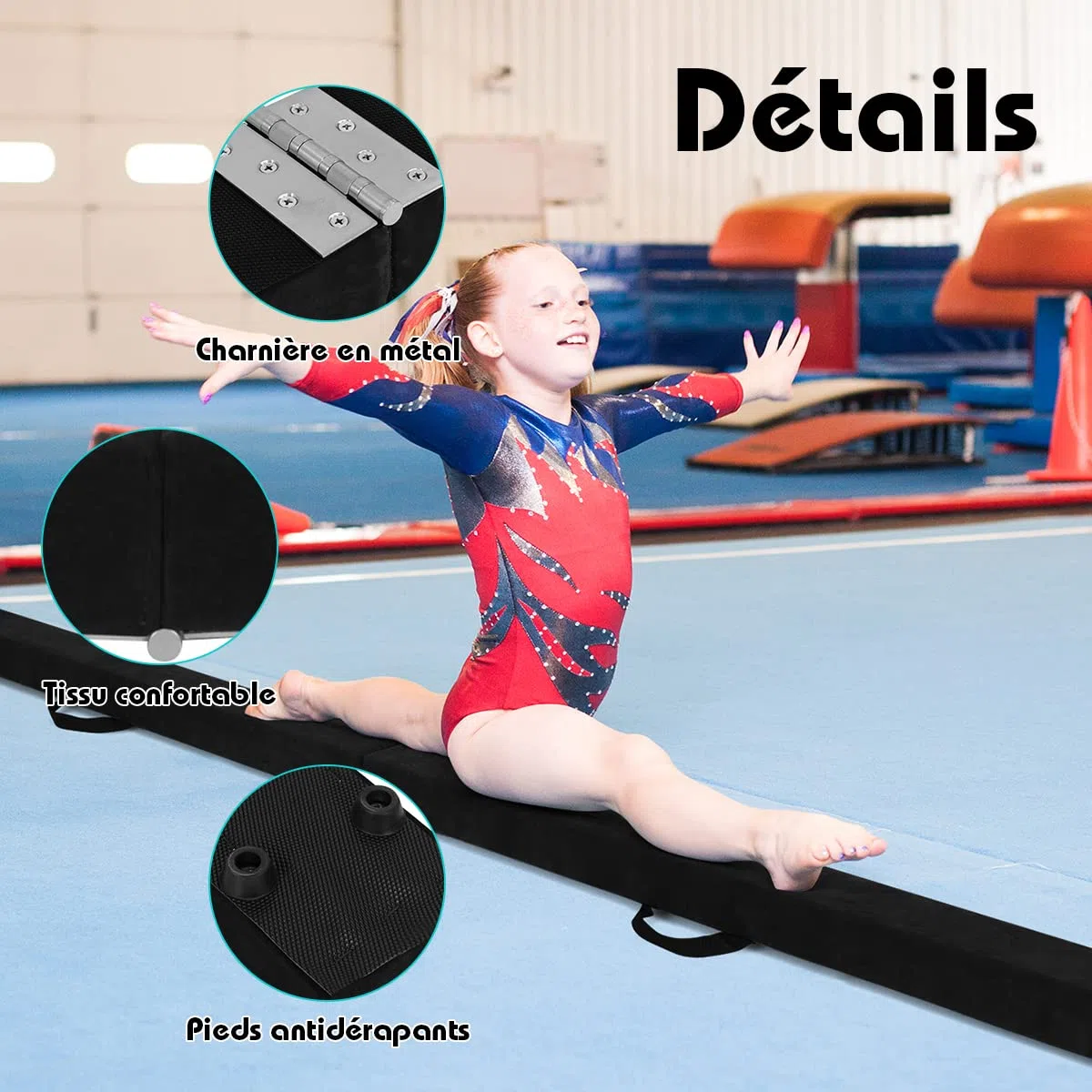 RELAX4LIFE Poutre Gymnastique Pliable 210 cm en Finette avec Pieds Surélevés, Poutre Gym au Sol Portable avec Poignées de Transport, Gymnastique Materiel pour Enfants et Adultes (Noir)