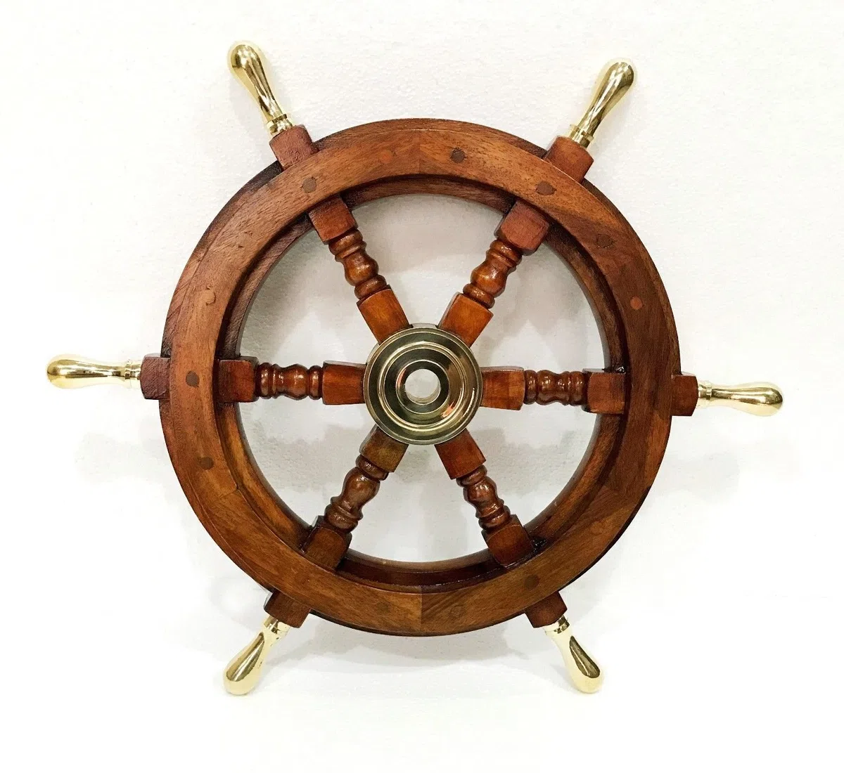 Marine Nautical Store Poignée en laiton massif de 45,7 cm - Barre en bois - Volant de bateau - Décoration murale antique