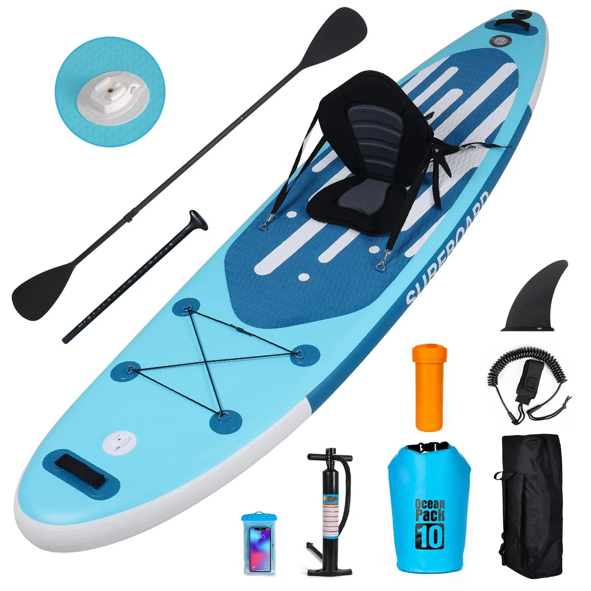 YU YUSING Pack Complet – Paddle Gonflable Adulte 335cm, Planche Stand up Paddle Gonflable 2 Personnes, Sac à Dos, Siège Kayak, Pagaie Aluminium, Support Caméra, Pompe, Tous Niveaux, jusqu'à 150 kg