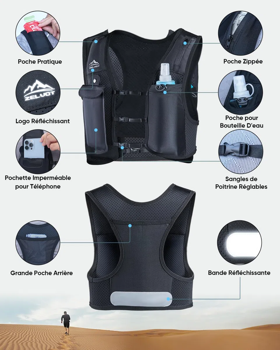 Zelvot Gilet Hydratation Running Femme et Homme, Brevet Original, Bretelles de Poitrine Réglables, Gilet Running avec Bouteille d'eau de 500 ML, Léger et Réfléchissant Gilet de Course