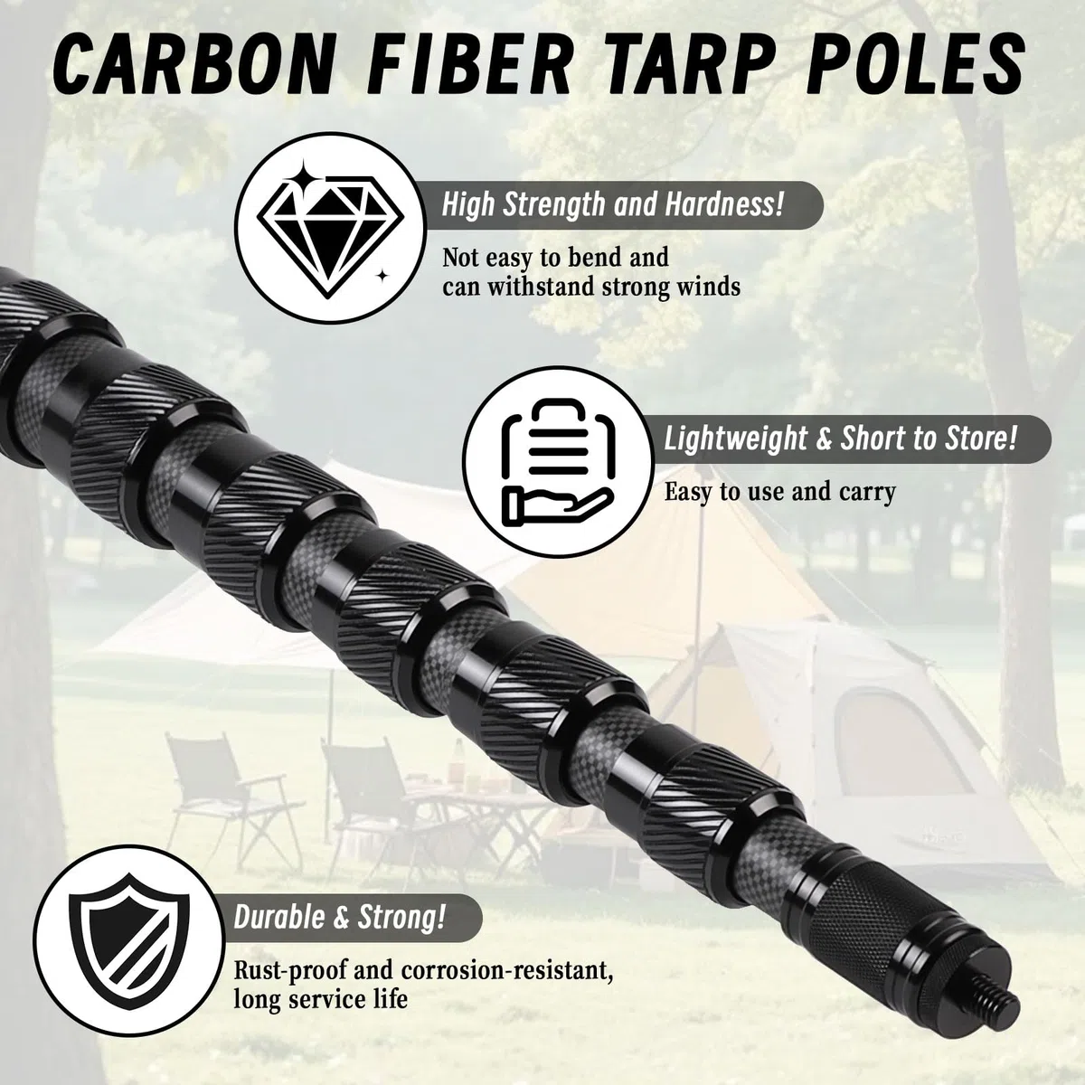 LALAGO Lot de 2 Poteaux de Tente Télescopiques en Fibre de Carbone - 2,7m Réglables Poteaux de Bâche, Mât de Bâche Télescopique Légers et Solides, pour Le Camping Tente, Taps ou Voile d'ombrage
