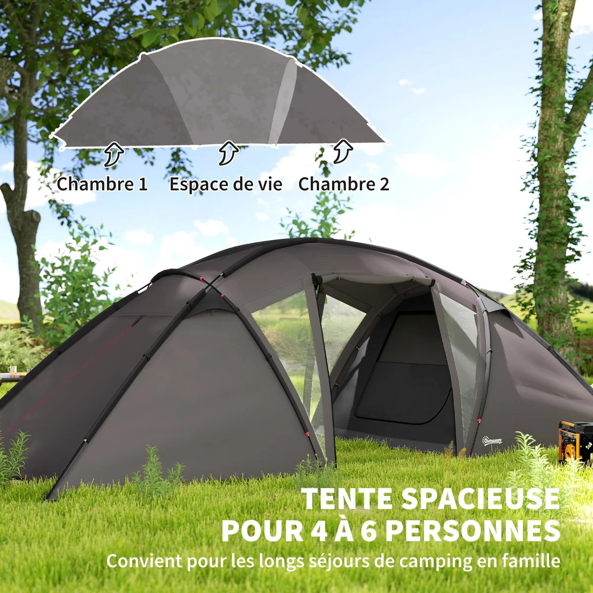 Outsunny Tente de Camping familiale pour 4-6 Personnes, Tente Tunnel imperméable 3000 mm avec 2 Portes, fenêtres, Sac de Transport, Tapis de Sol pour Camping Voyage randonnée Jardin, Noir