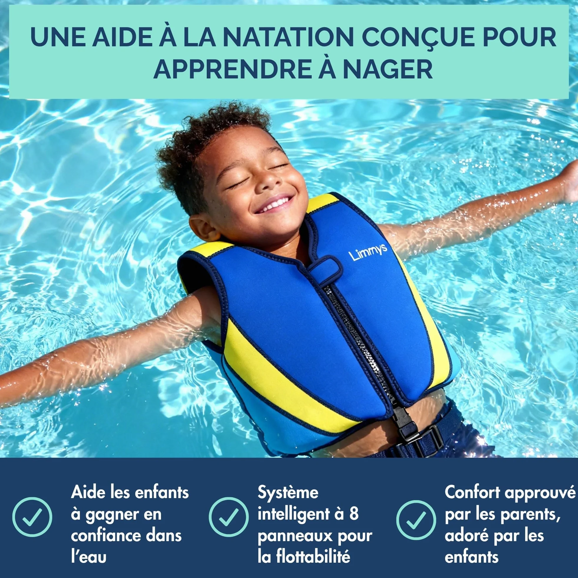 Limmys Gilet de Natation Enfants Aide Flottaison Réglable 8 Panneaux Néoprène Doux CE