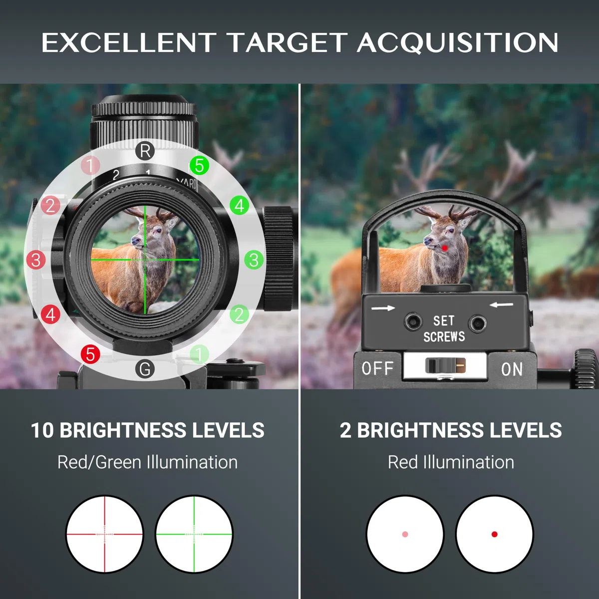 AOMEKIE Lunettes de Visée 3-9X42mm Red/Green Dot Sight avec Top Red Dot Sight Riflescope Combo Set avec luminosité réglable et 20mm/22mm Picatinny Rail Mount.