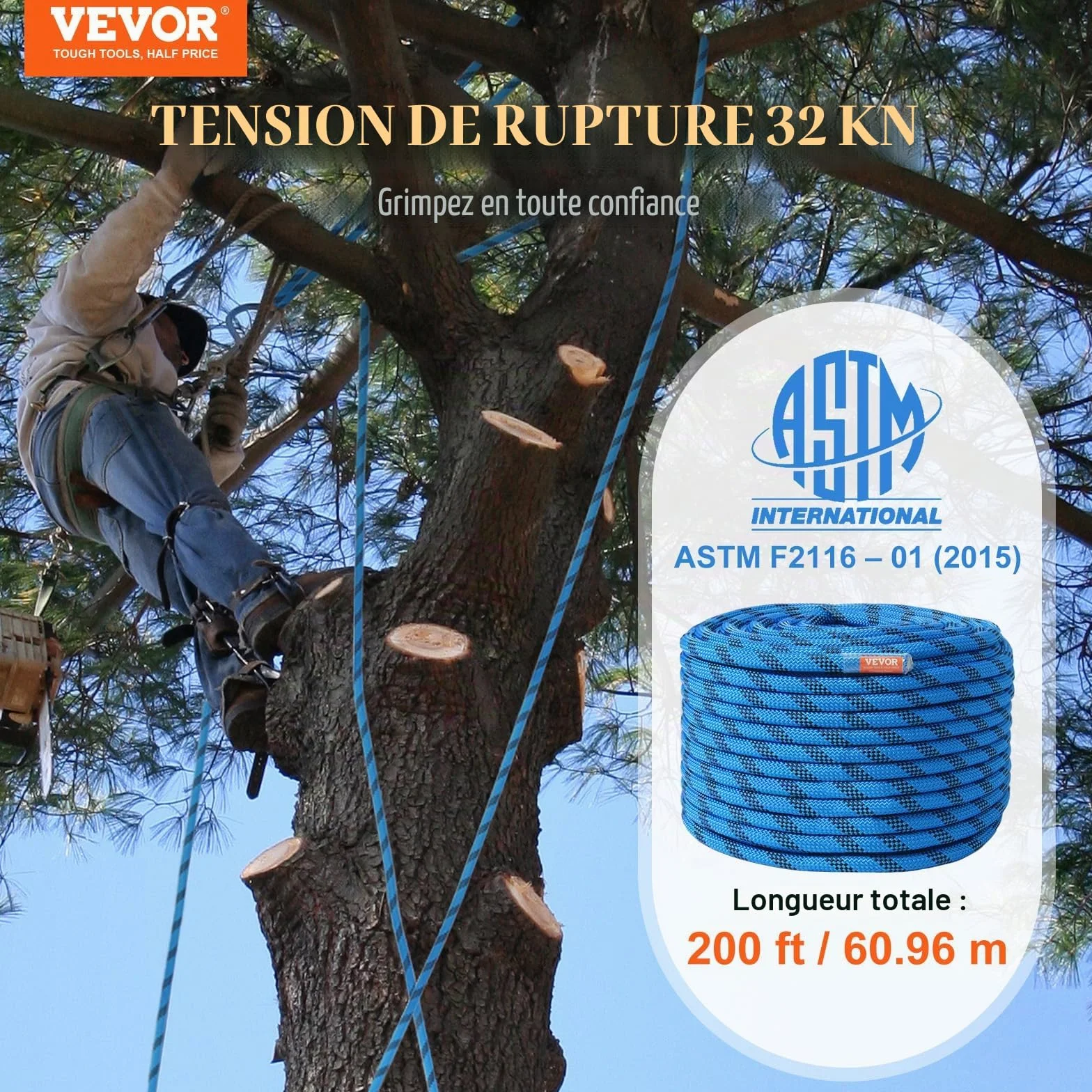 VEVOR Corde d'escalade Statique 12,7 mm 60,96 m 32 KN, Corde de Sécurité Extérieure, Bleu