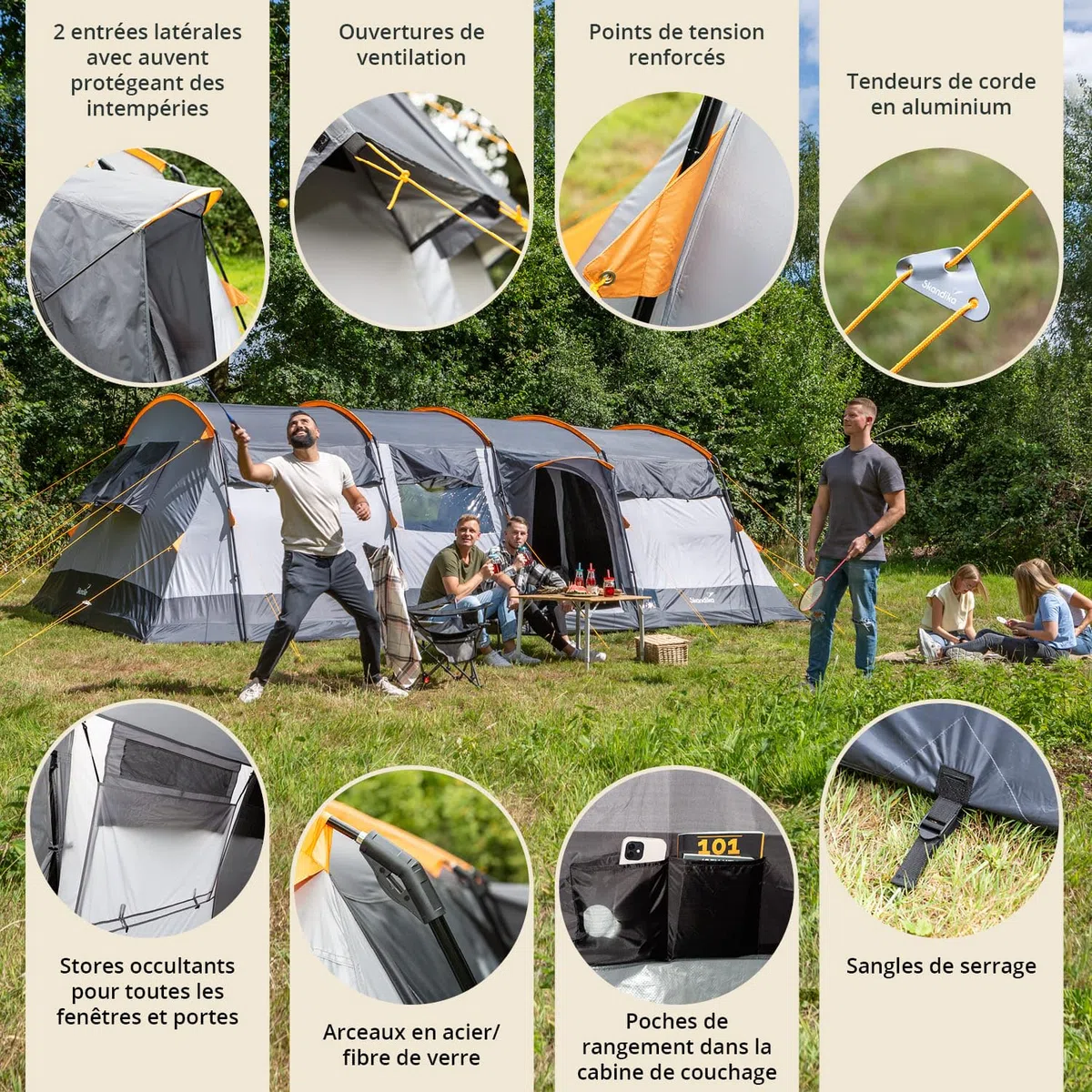 Skandika Tente Tunnel Hurricane pour 12 Personnes | Tente de Camping avec/sans Tapis de Sol Cousu, avec/sans Sleeper Technology, 2 cabines, Colonne d'eau 5000 mm, Hauteur 215 cm