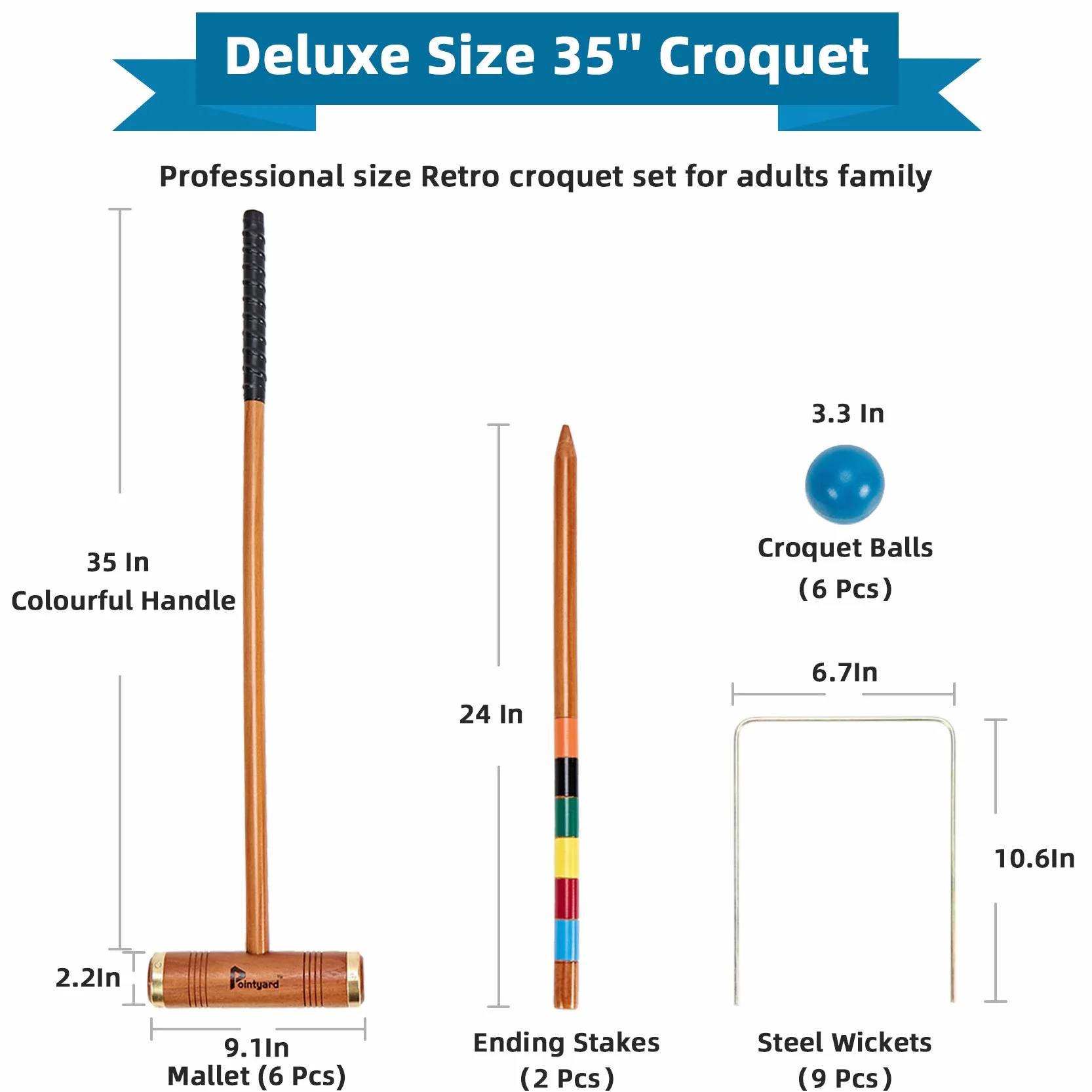 Ensemble de croquet de luxe pour 6 joueurs de 89.9 cm, style rétro Annatto avec maillets en bois, piquets pour adultes/adolescents/famille, parfait pour pelouse/jeu dans le jardin/parc