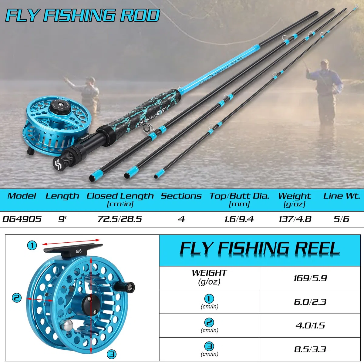 Sougayilang Kit de démarrage standard pour pêche à la mouche - 5/6" - Poids : 22,9 cm - Avec poignée Superpolymère - Accessoires - Moulinet CNC - Sac de transport