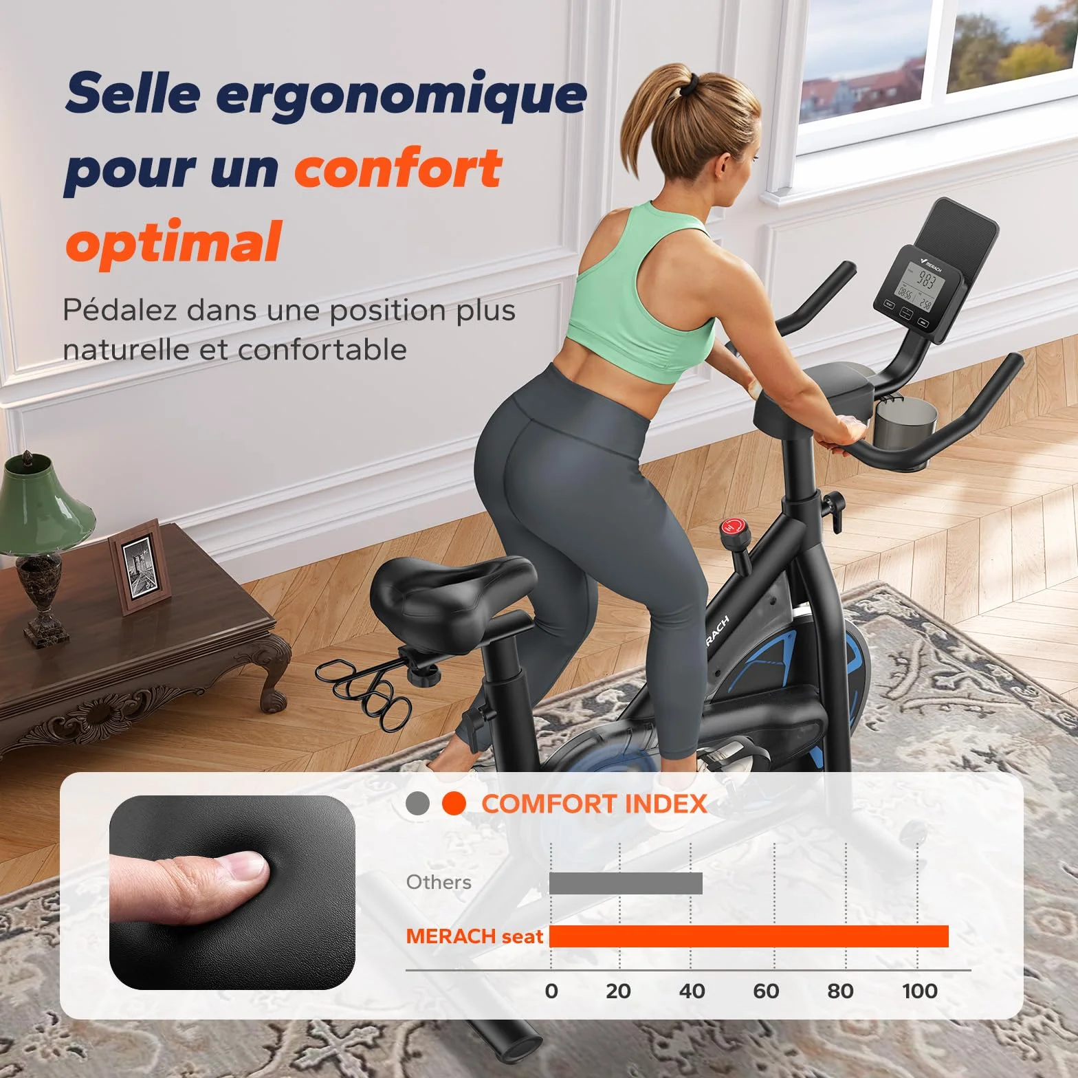 MERACH Vélo d’Appartement avec Résistance Magnétique, Vélo d’Intérieur Silencieux avec Selle à Coussin d’Air Amortissant, Écran LCD, Application Dédiée, Cadre en H Stable, Charge jusqu’à 150KG