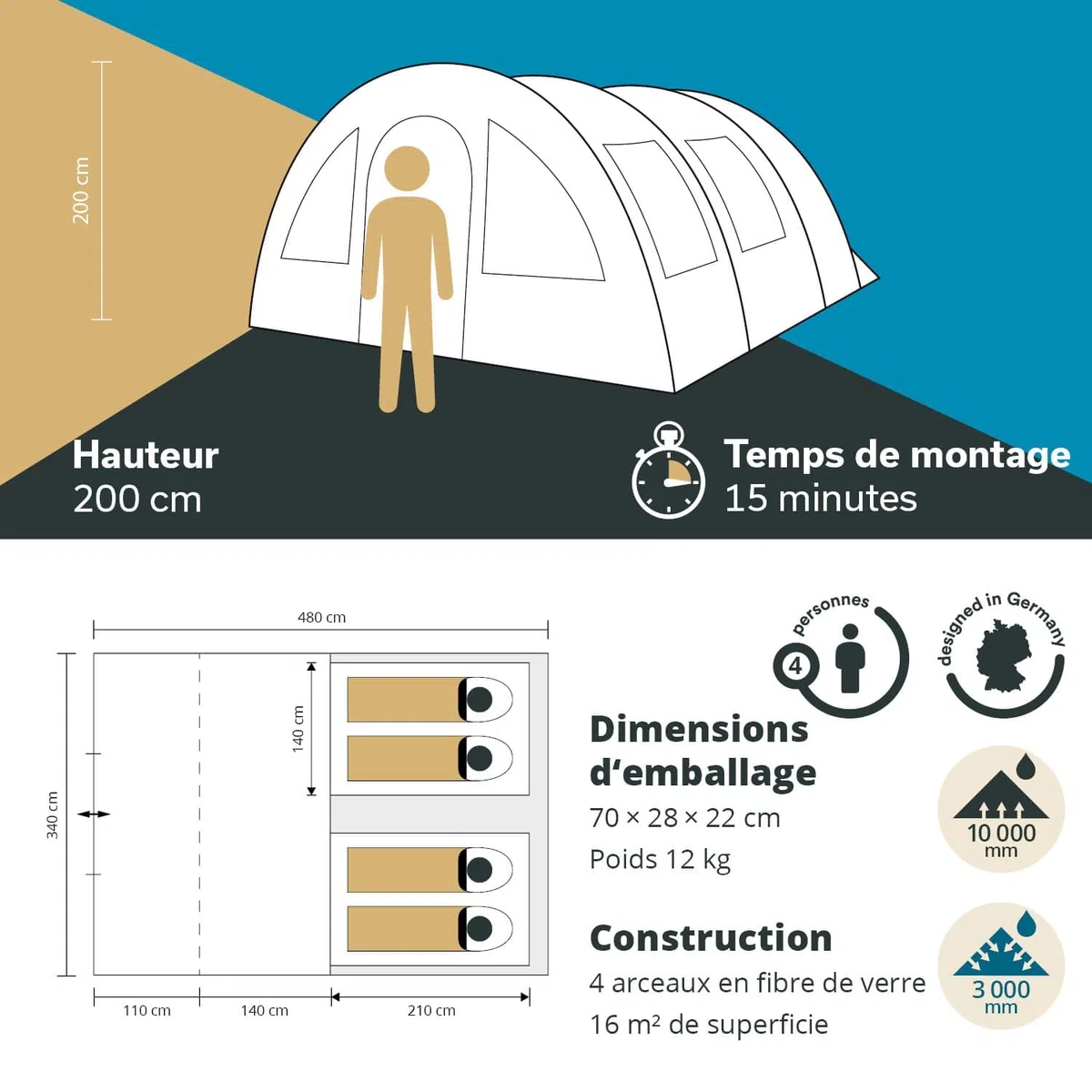 Skandika Tente tunnel Kemi pour 4 personnes | Tente de camping, 2 cabines de couchage, hauteur 2 m, 4 places, colonne d'eau 3000 mm, paroi frontale amovible, auvent | Tente de camping, tente familiale
