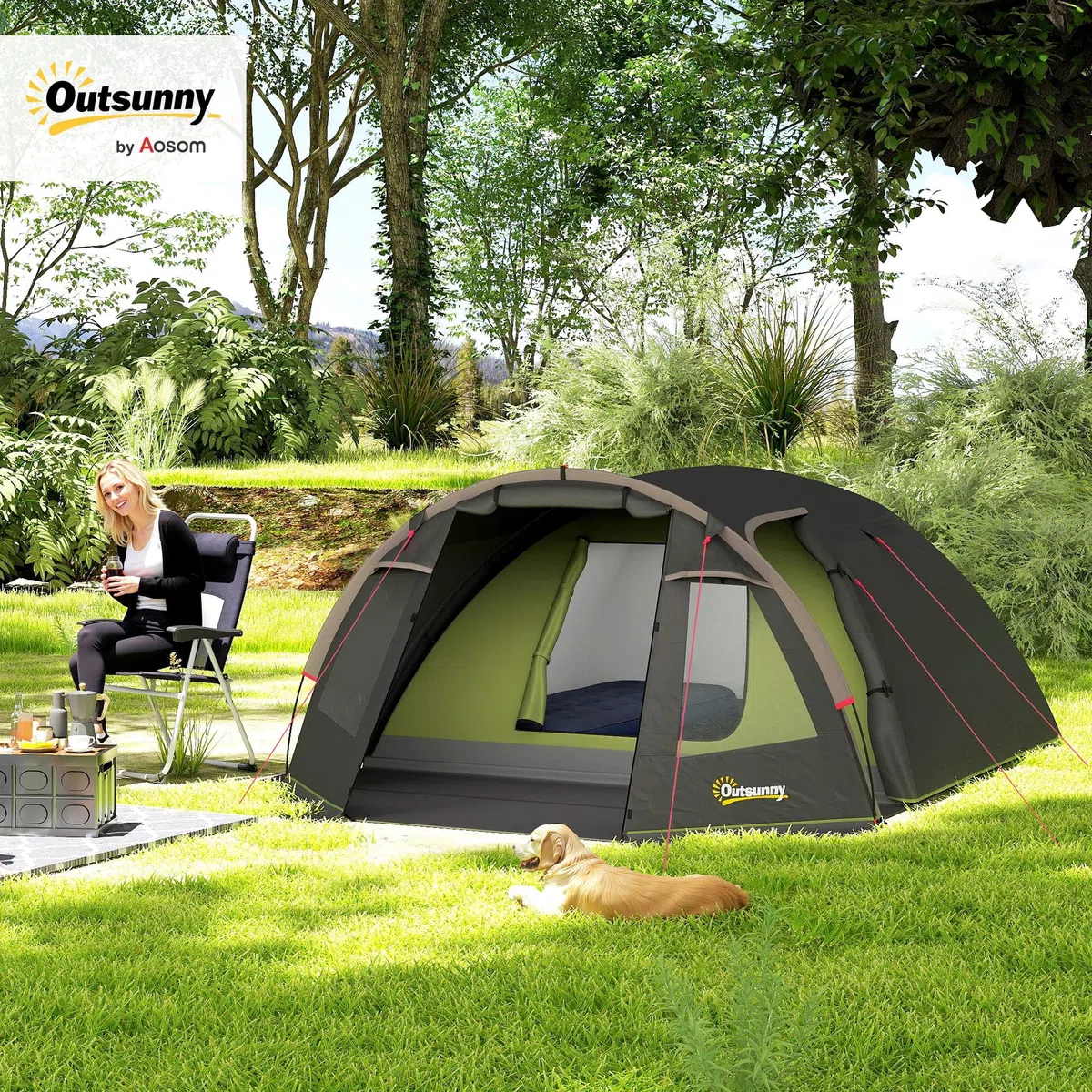Outsunny Tente de Camping familiale pour 2-4 Personnes, Tente Tunnel imperméable 3000 mm avec 3 Portes, fenêtres, Sac de Transport, pour Camping Voyage randonnée Jardin, Noir