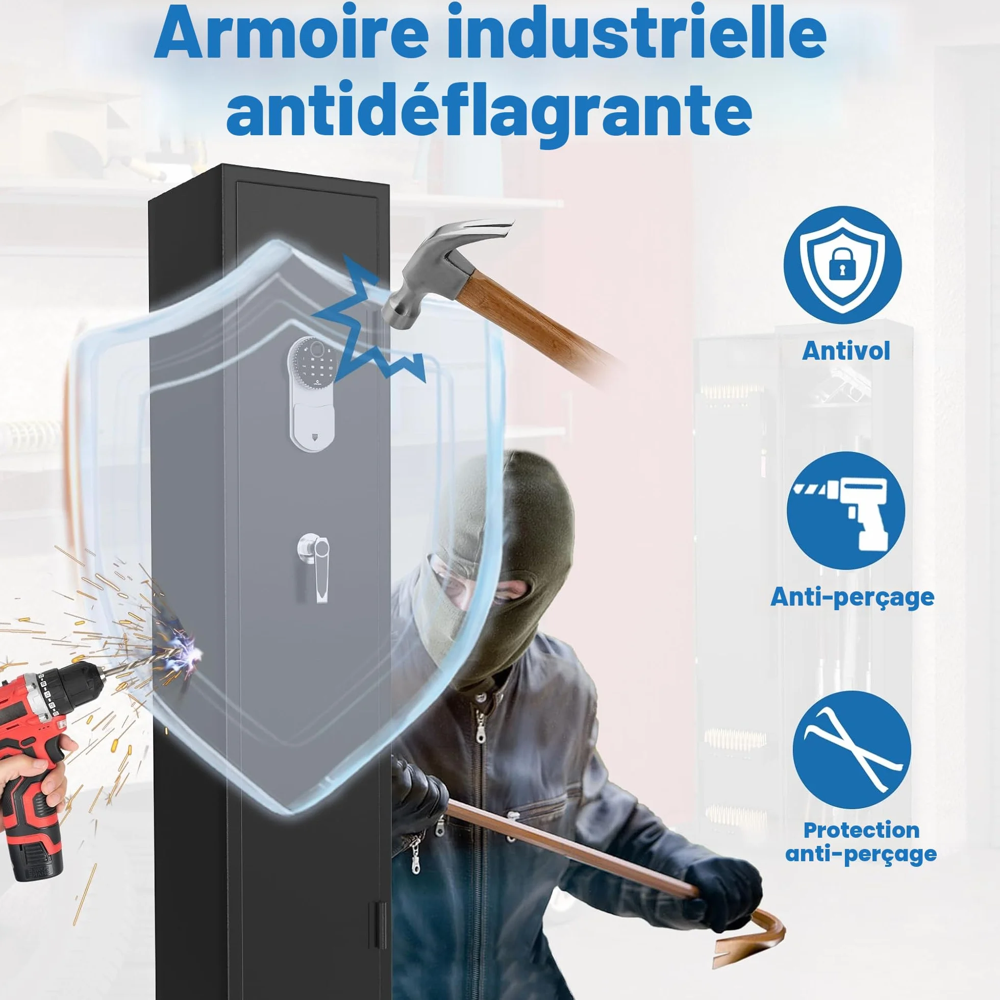 Froadp Coffre-fort pour armes à feu en tôle d'acier Munitions Armoires d'armes à feu 30 x 28 x 138 cm, coffre-fort réglable avec serrure à clé et à combinaison - Noir