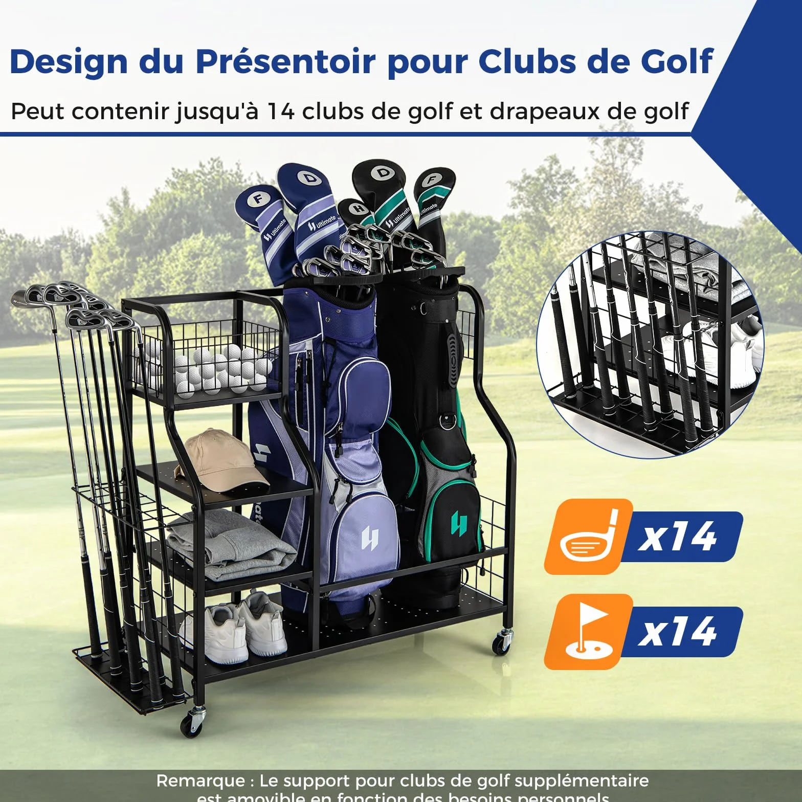 COSTWAY Organisateur d'Équipement Sportif avec Roues Amovibles, Support de Rangement pour 2 Sacs de Golf avec Support pour Clubs de Golf 6 Crochets, pour Garage Club sous-Sol