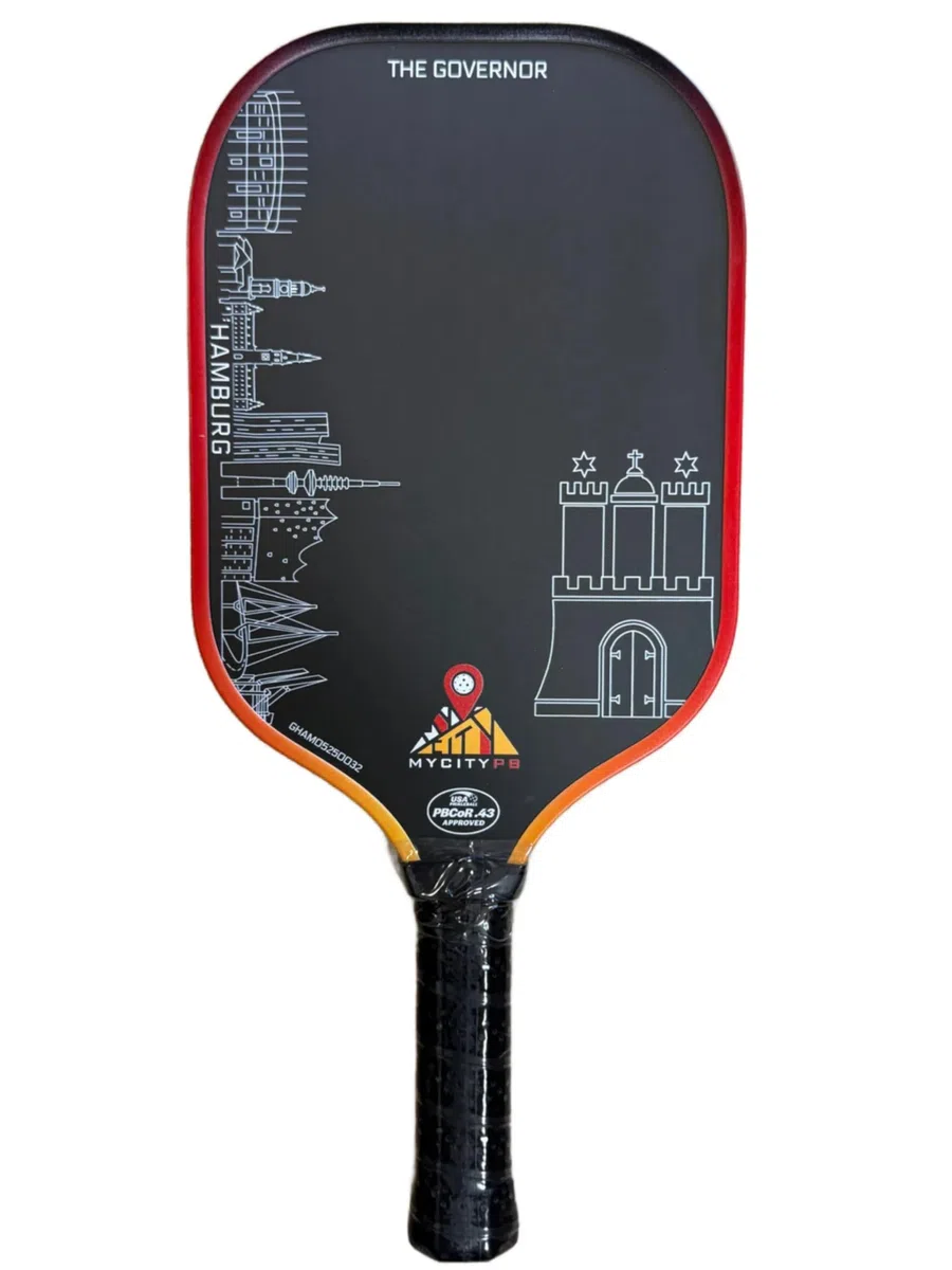 Pickleball The Governor Hambourg Raquette de pickleball certifiée USAP 42 x 18 cm, manche 14 cm, fibre de carbone brut + fibre de verre, 237-245 g, avec noyau en nid d'abeille 16 mm