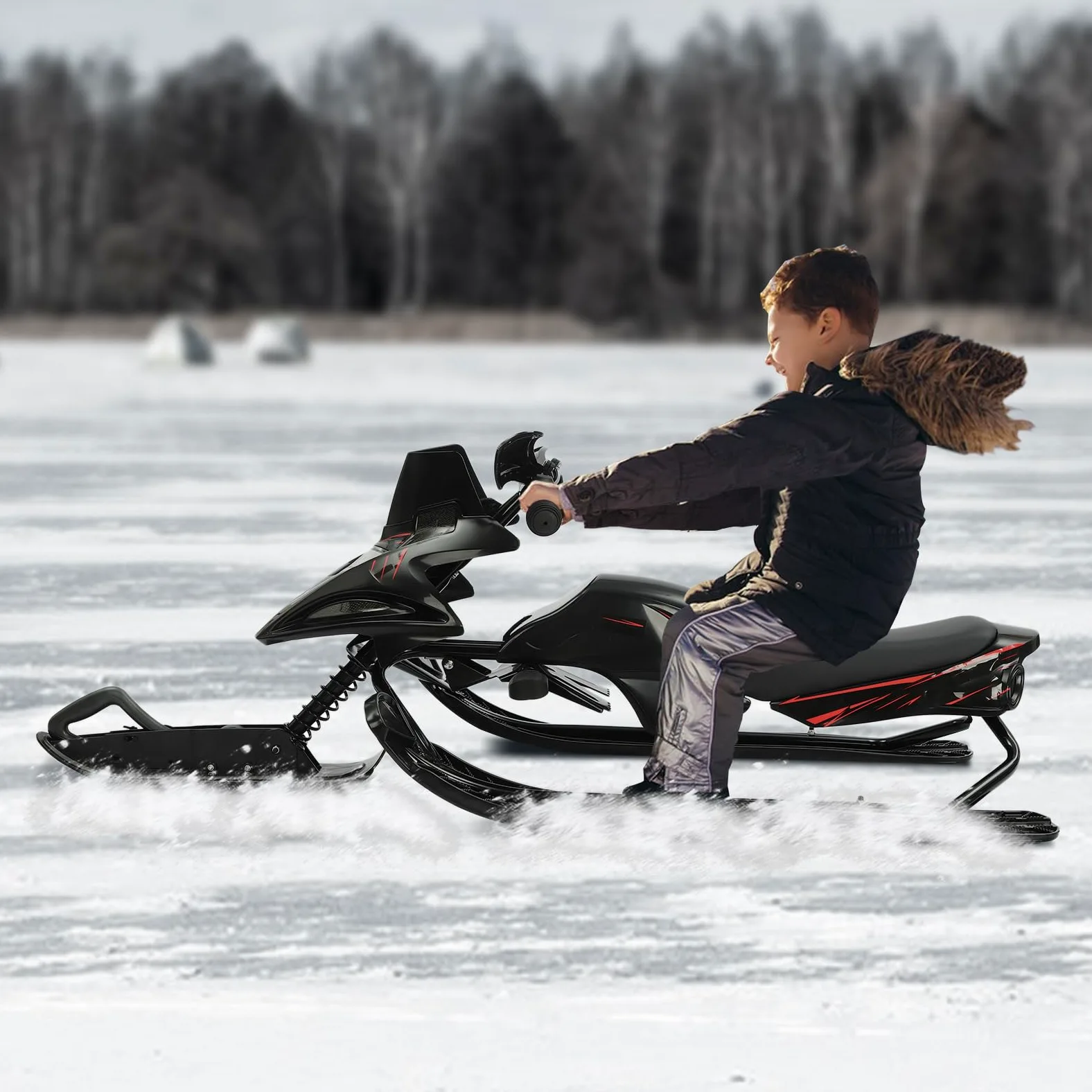 Luge de direction avec freins à pied pour enfants, avec corde de traction automatique et amortisseur pour enfants et adultes, charge maximale 80 kg, luge à patins Skibob avec siège rembourré