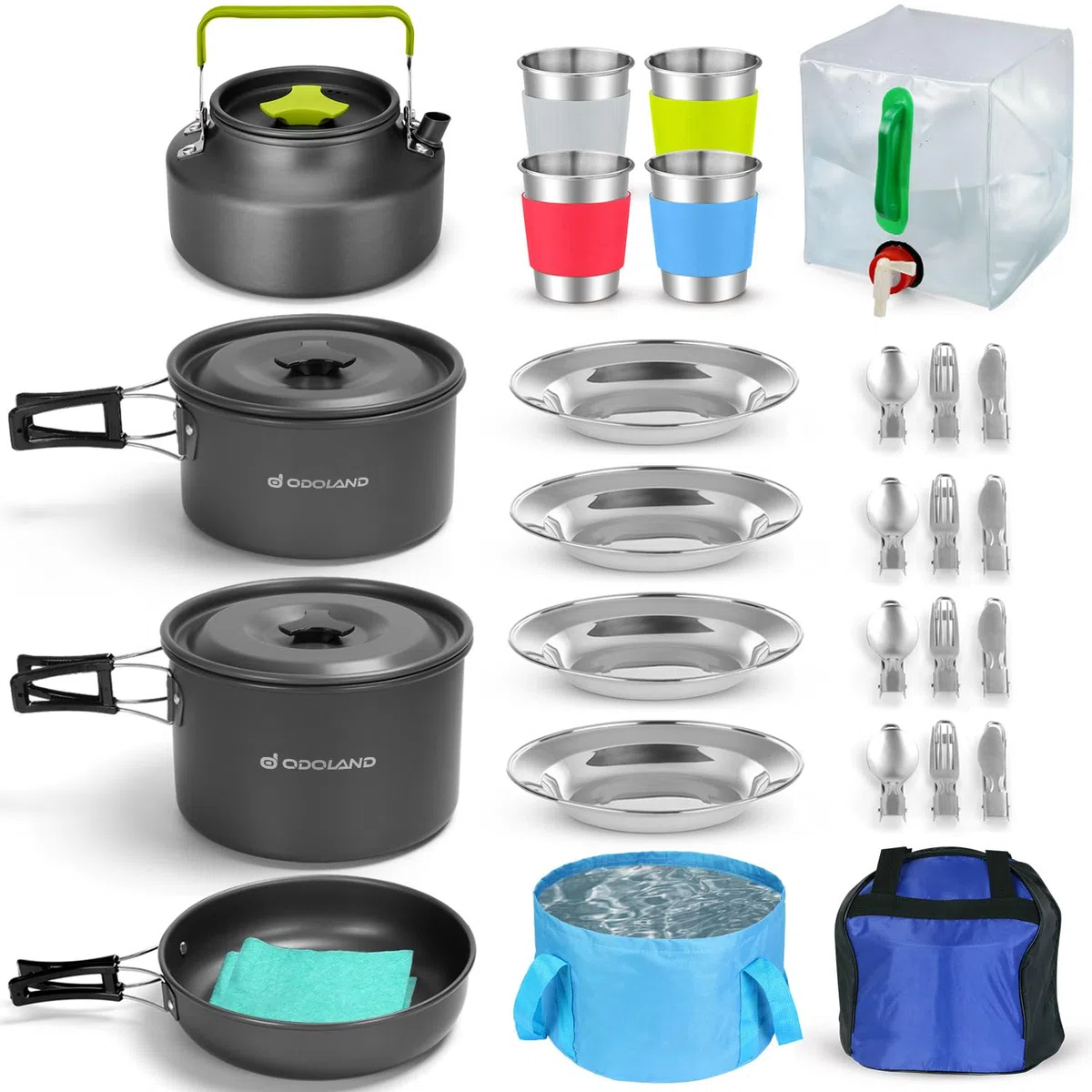 Odoland Multi-PCS Kit de Casseroles Camping, Cookware Kit Durable et Compact avec réservoir d'eau Pliable 12L et Seau, Bouilloire et Tasses en Acier Inoxydable pour Randonnée/Outdoor/Pique-Nique